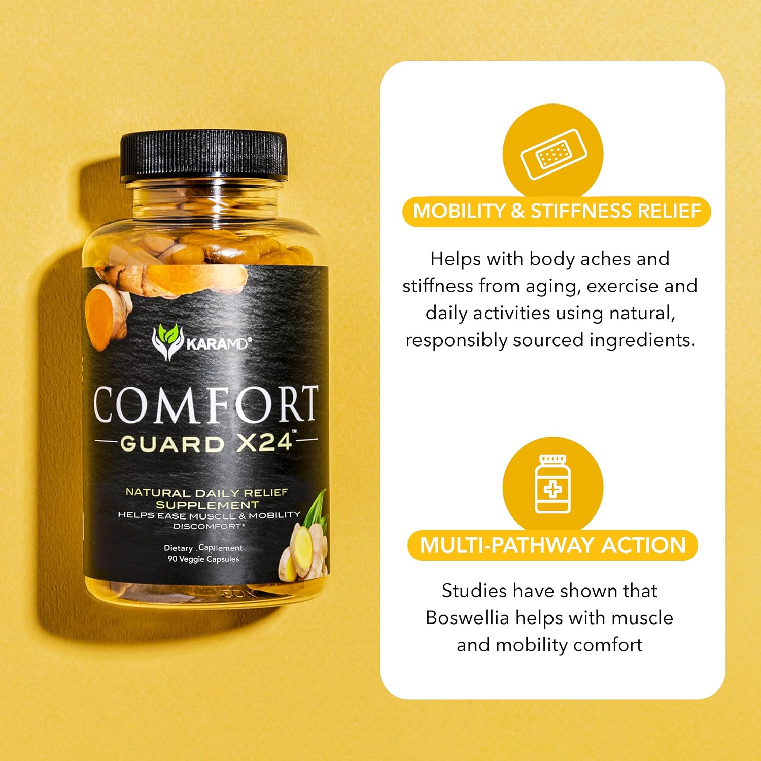 KaraMD Comfort Guard X24 Joint Support Supplement with Turmeric, Boswellia, and Ginger - Ease Muscle Discomfort and Stiff Joints - Non-GMO, Gluten-Free, Vegan - 120 Servings