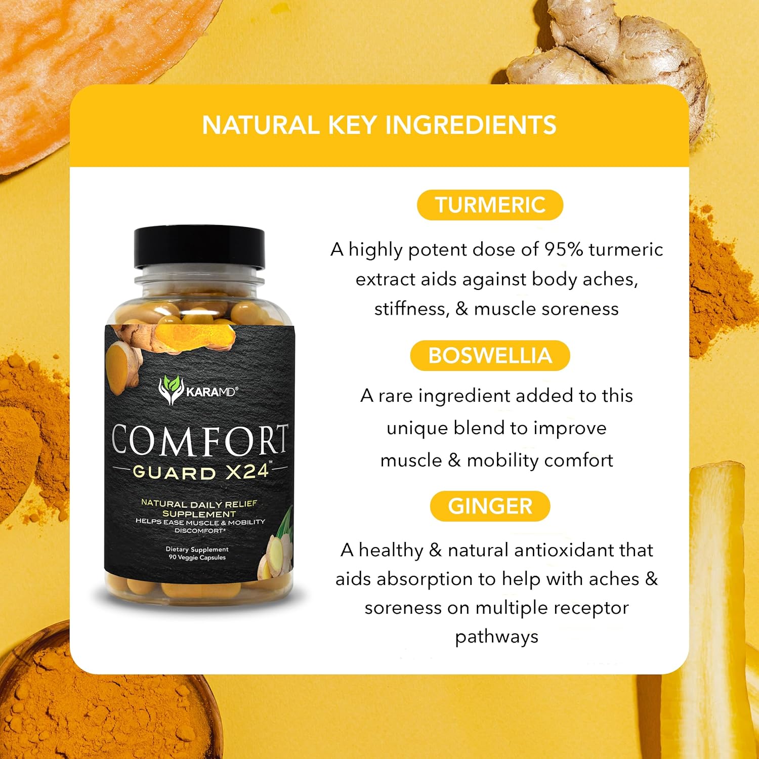 KaraMD Comfort Guard X24 Joint Support Supplement with Turmeric, Boswellia, and Ginger - Ease Muscle Discomfort and Stiff Joints - Non-GMO, Gluten-Free, Vegan - 120 Servings