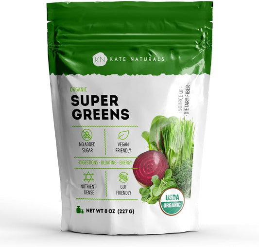 Kate Naturals Organic Super Greens Powder with Probiotics - Antioxidant Blend & Daily Fiber Supplement for Energy & Digestive Support - 30 Servings, 8oz