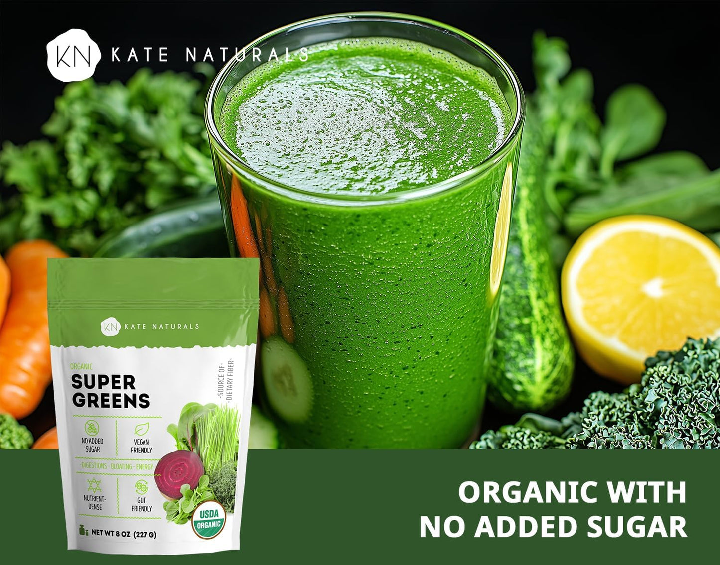 Kate Naturals Organic Super Greens Powder with Probiotics - Antioxidant Blend & Daily Fiber Supplement for Energy & Digestive Support - 30 Servings, 8oz
