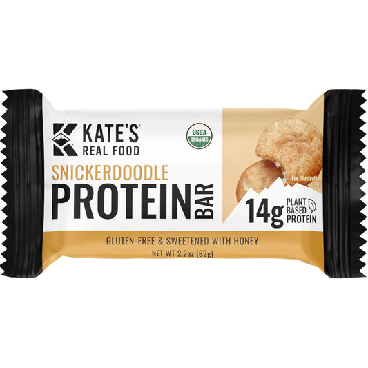 Kate’s Real Food Organic Protein Bars - Snickerdoodle Flavor, 2.2 oz, Pack of 12 - Plant Based, Gluten Free, Soy Free, Non GMO, Whole Grains, All Natural