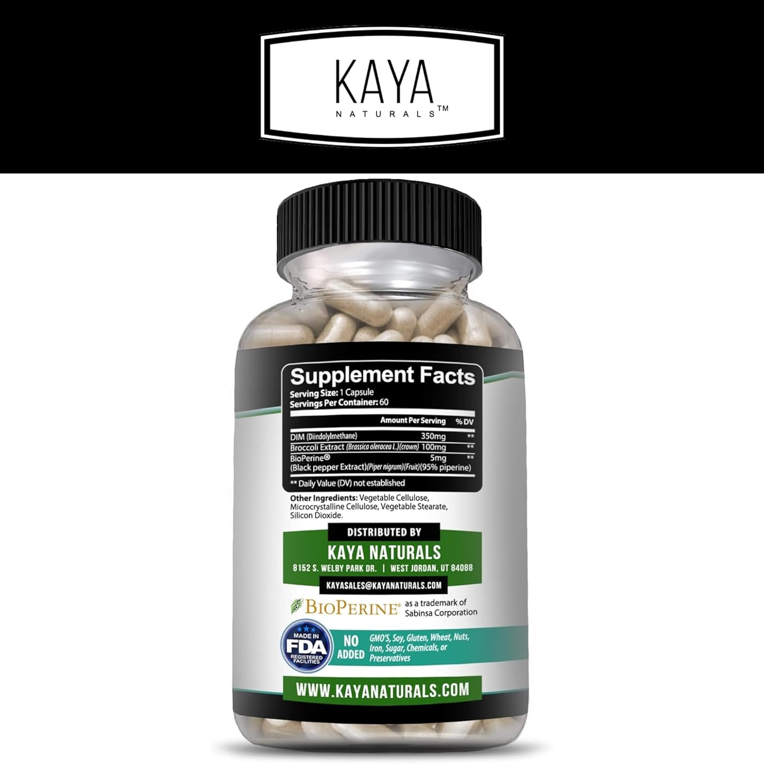 Kaya Naturals DIM Ultra Supplement - Herbal Hormonal Support for Women and Men - 60 Vegetable Capsules with Broccoli Extract & BioPerine - Ideal for Acne, Menopause, and Prostate Issues