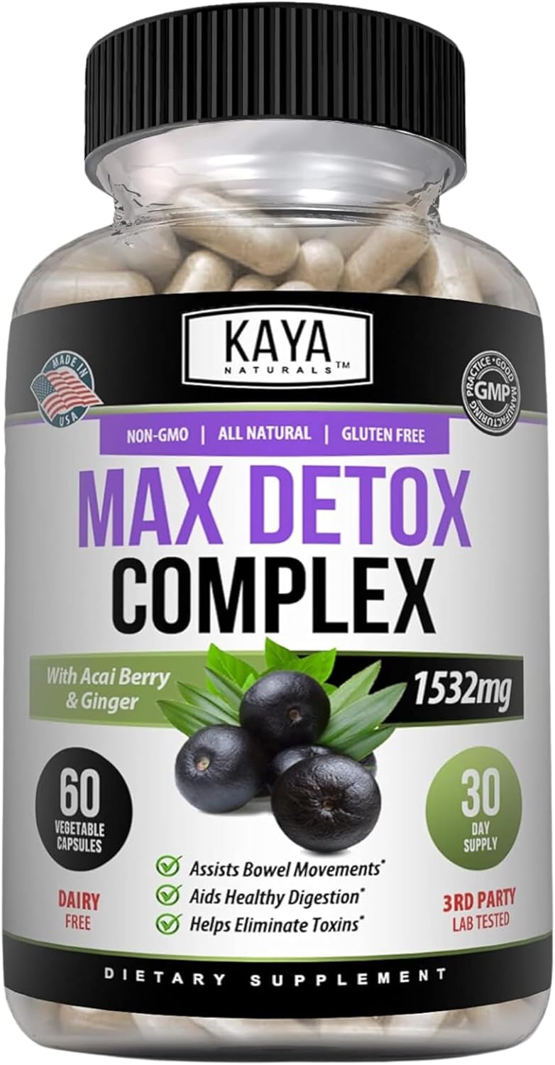 Kaya Naturals Max Detox Herbal Supplement - 1532mg Natural Ingredients - Psyllium Powder, Acai Berry, Ginger Root - 60 Count