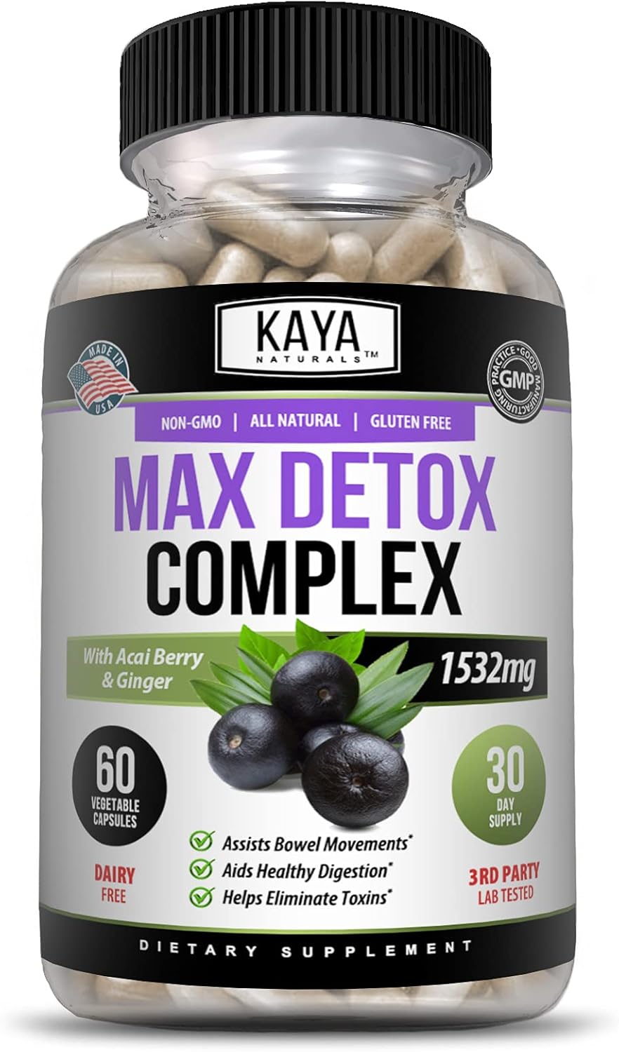 Kaya Naturals Max Detox Herbal Supplement - 1532mg Natural Ingredients - Psyllium Powder, Acai Berry, Ginger Root - 60 Count