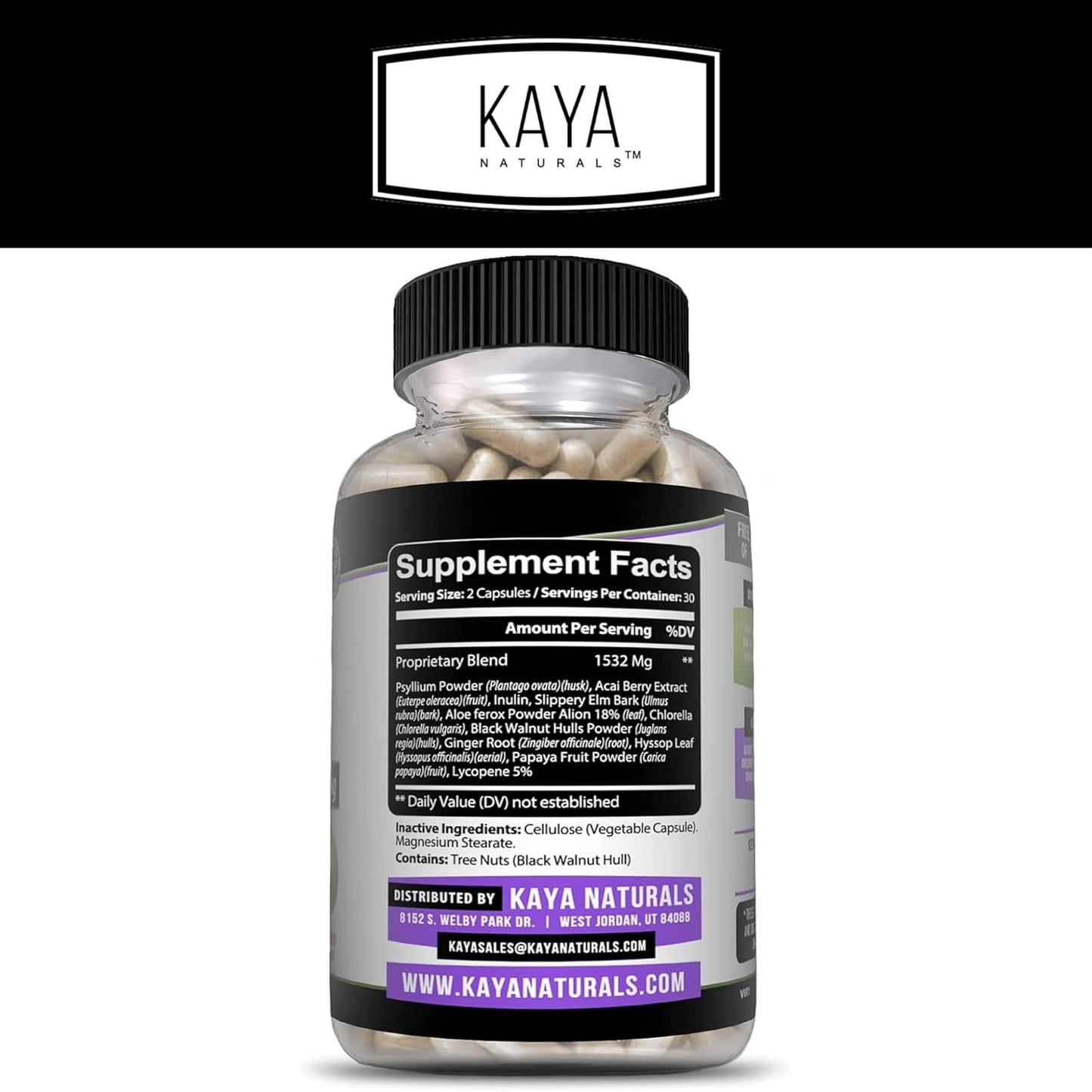 Kaya Naturals Max Detox Herbal Supplement - 1532mg Natural Ingredients - Psyllium Powder, Acai Berry, Ginger Root - 60 Count