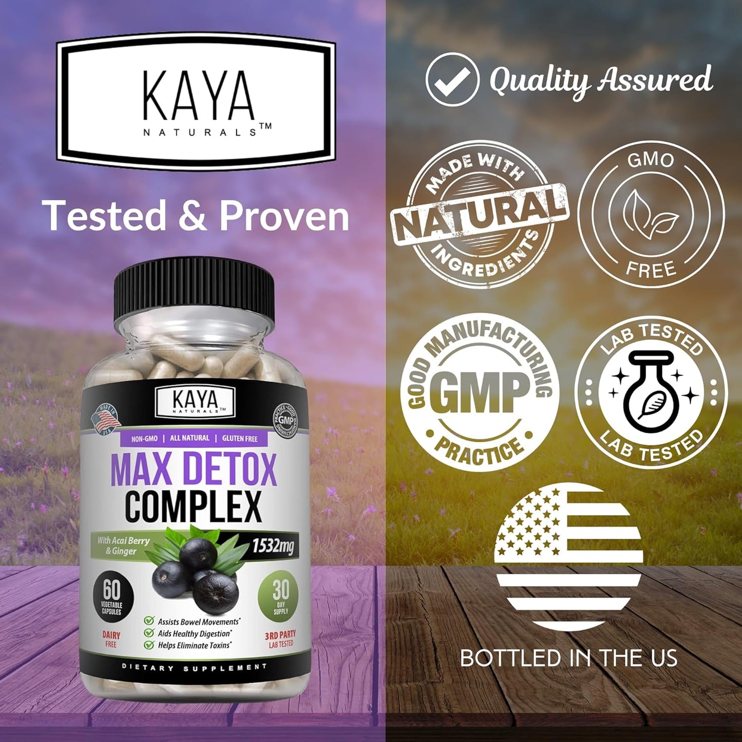 Kaya Naturals Max Detox Herbal Supplement - 1532mg Natural Ingredients - Psyllium Powder, Acai Berry, Ginger Root - 60 Count