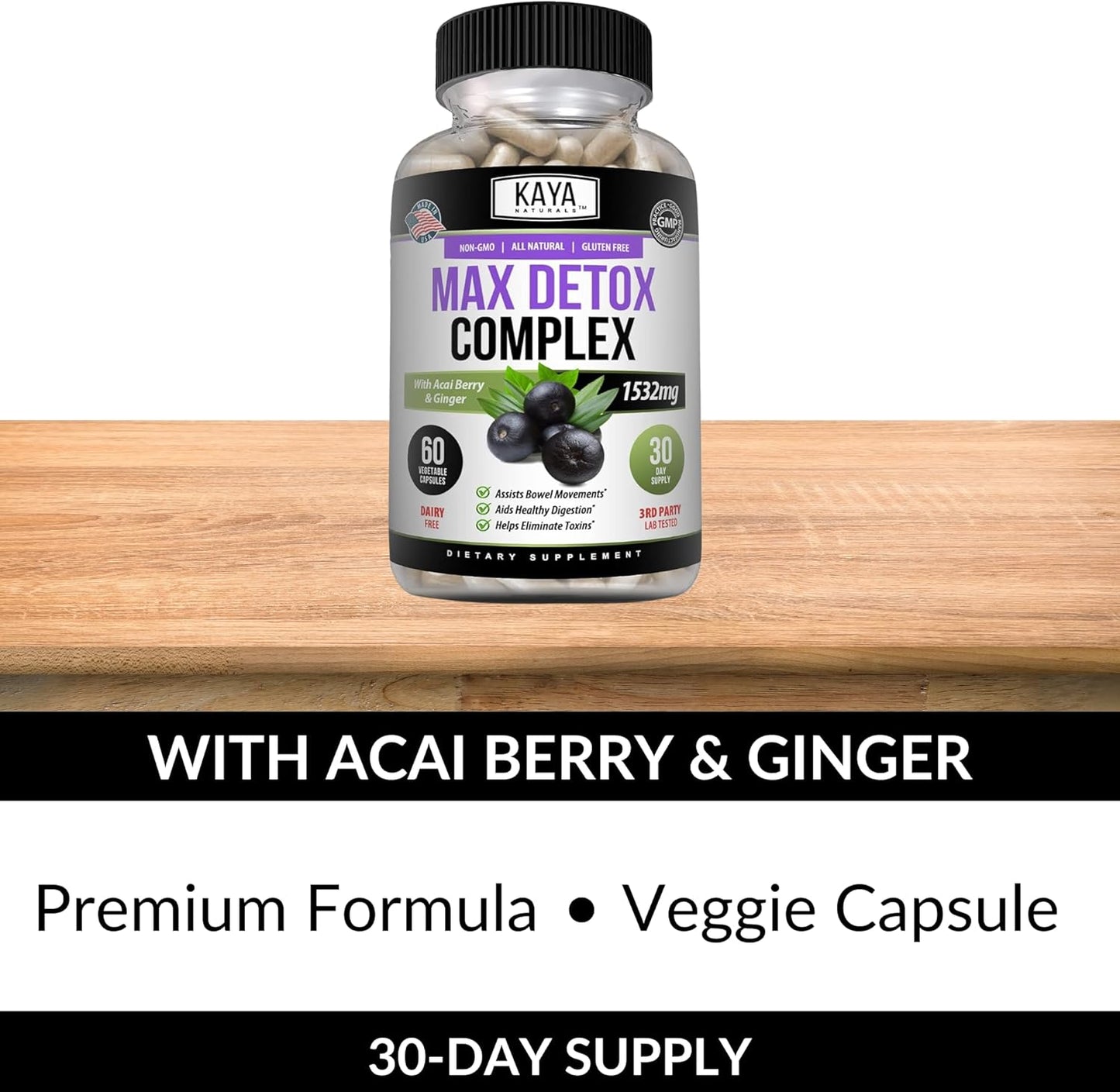 Kaya Naturals Max Detox Herbal Supplement - 1532mg Natural Ingredients - Psyllium Powder, Acai Berry, Ginger Root - 60 Count