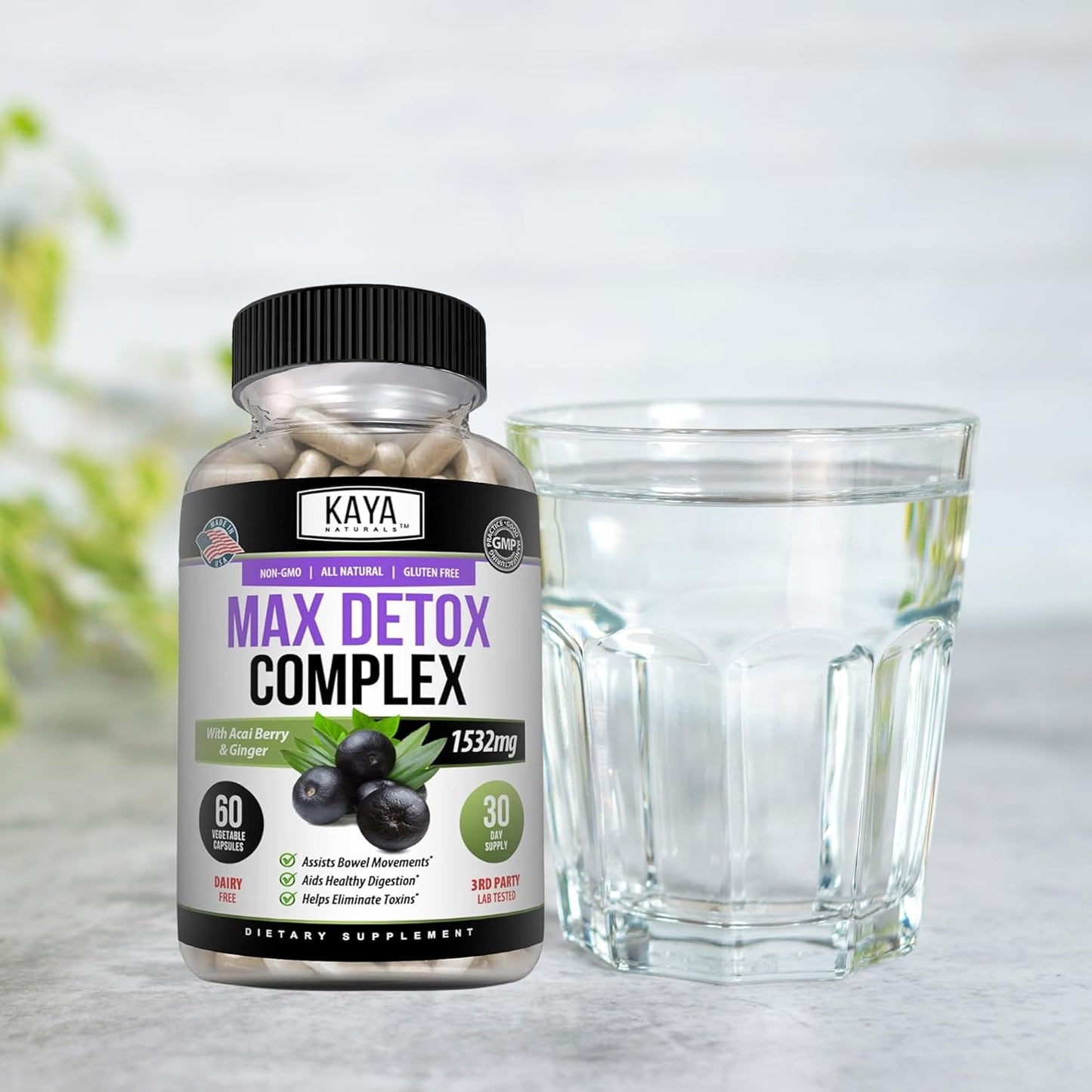 Kaya Naturals Max Detox Herbal Supplement - 1532mg Natural Ingredients - Psyllium Powder, Acai Berry, Ginger Root - 60 Count