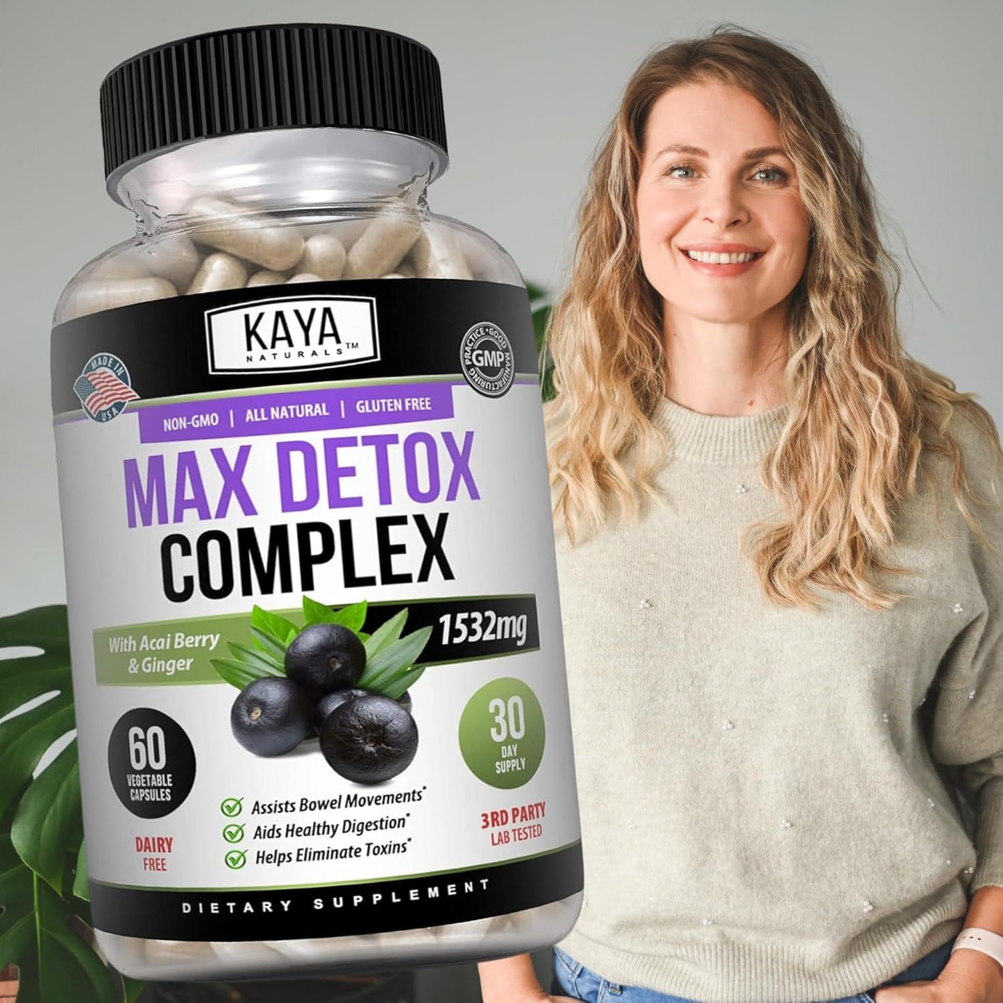 Kaya Naturals Max Detox Herbal Supplement - 1532mg Natural Ingredients - Psyllium Powder, Acai Berry, Ginger Root - 60 Count