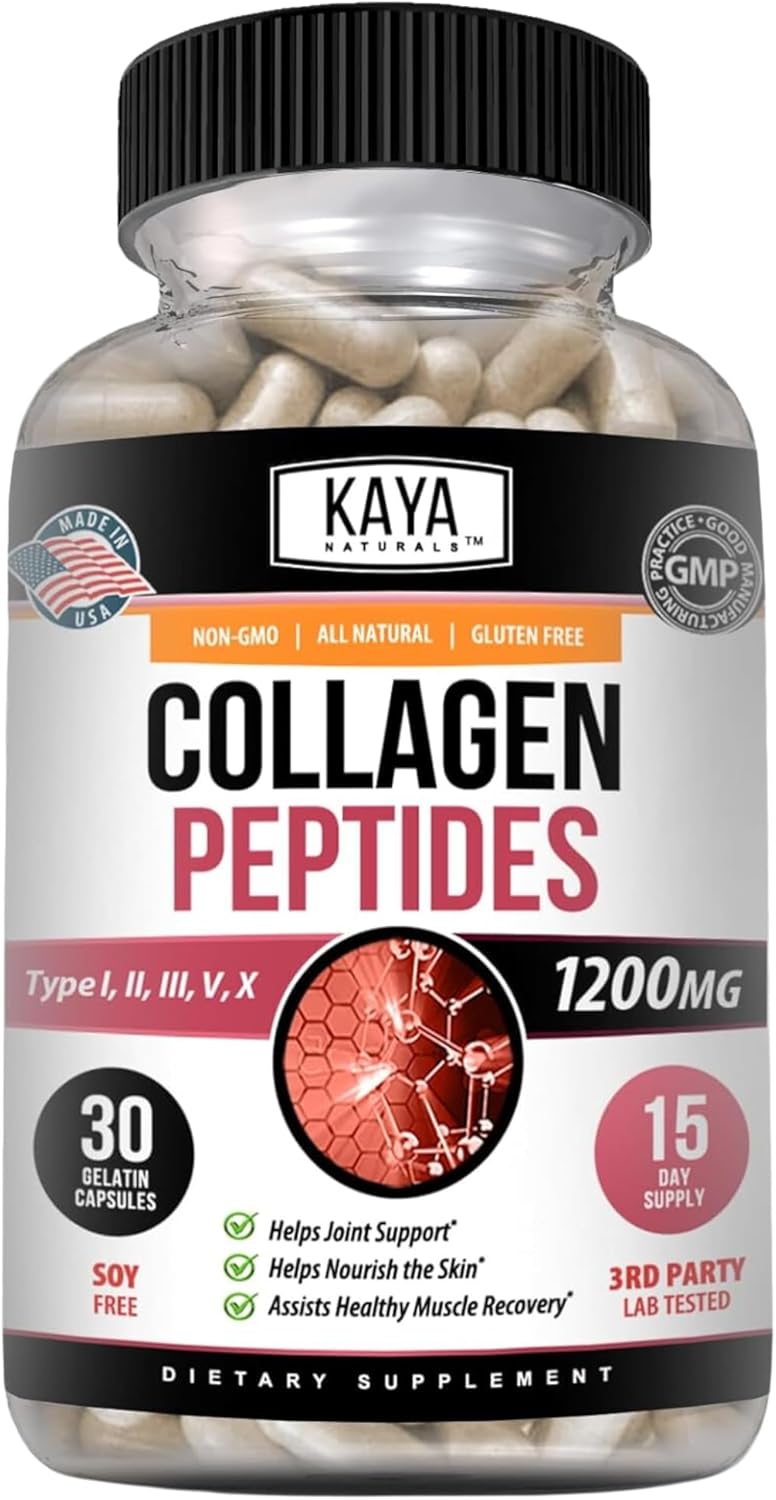 Kaya Naturals Multi Collagen Peptides Complex Powder Capsules - Hair, Skin, Nails, Anti-Aging - Types I, II, III, V & X - 30 Count Supplement for Women and Men