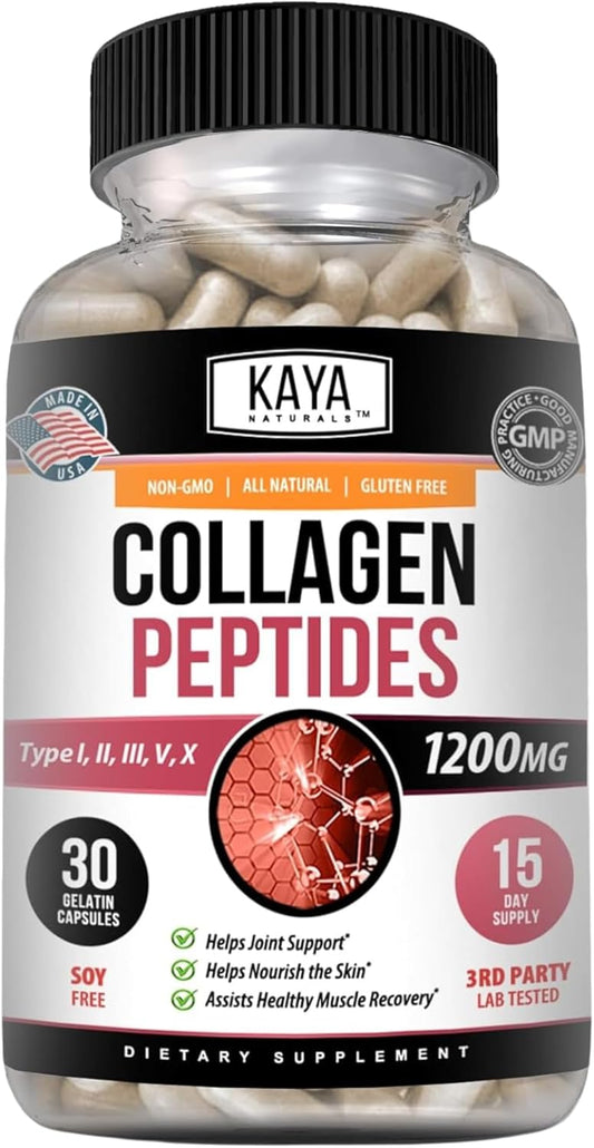 Kaya Naturals Multi Collagen Peptides Complex Powder Capsules - Hair, Skin, Nails, Anti-Aging - Types I, II, III, V & X - 30 Count Supplement for Women and Men