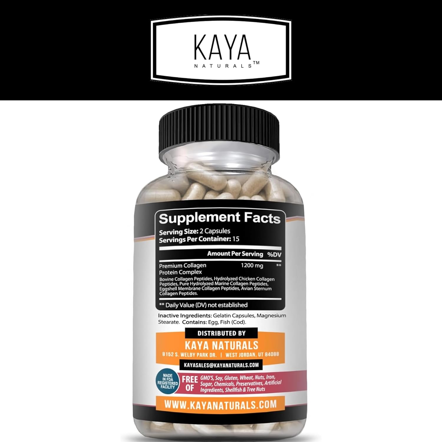 Kaya Naturals Multi Collagen Peptides Complex Powder Capsules - Hair, Skin, Nails, Anti-Aging - Types I, II, III, V & X - 30 Count Supplement for Women and Men