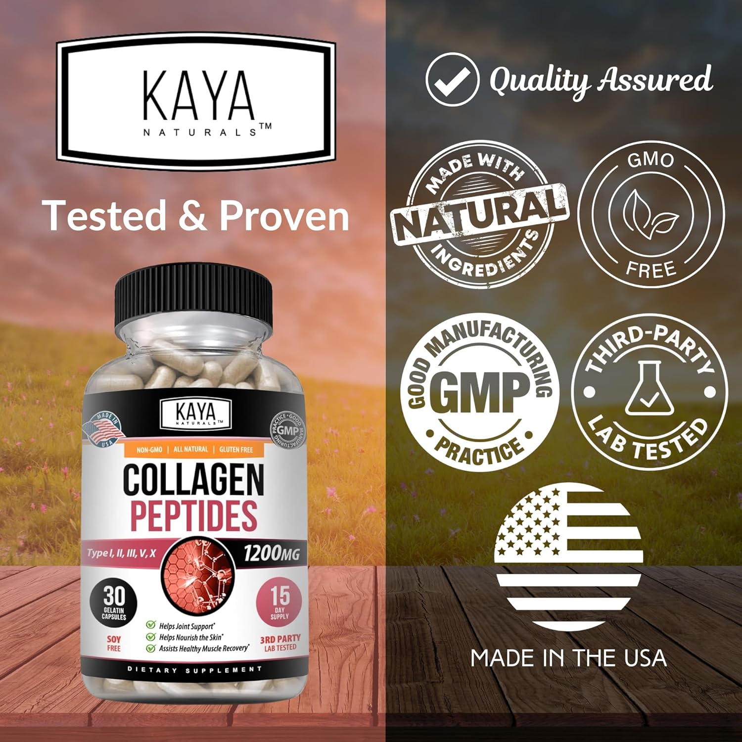 Kaya Naturals Multi Collagen Peptides Complex Powder Capsules - Hair, Skin, Nails, Anti-Aging - Types I, II, III, V & X - 30 Count Supplement for Women and Men
