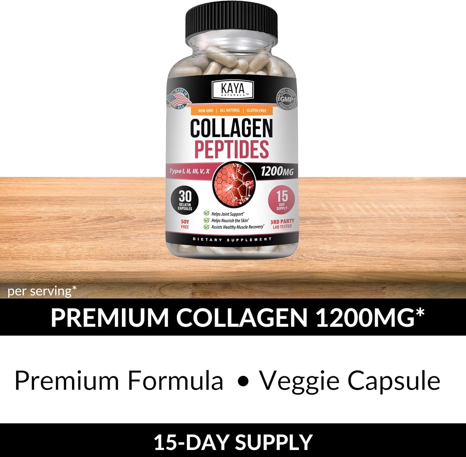 Kaya Naturals Multi Collagen Peptides Complex Powder Capsules - Hair, Skin, Nails, Anti-Aging - Types I, II, III, V & X - 30 Count Supplement for Women and Men