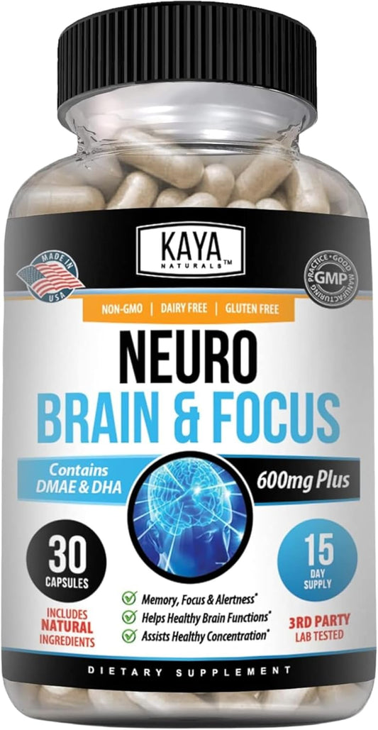 Kaya Naturals Neuro Brain Supplement for Focus, Memory, and Cognitive Function - Nootropic Energy Capsule with Brain Support - 30 Count