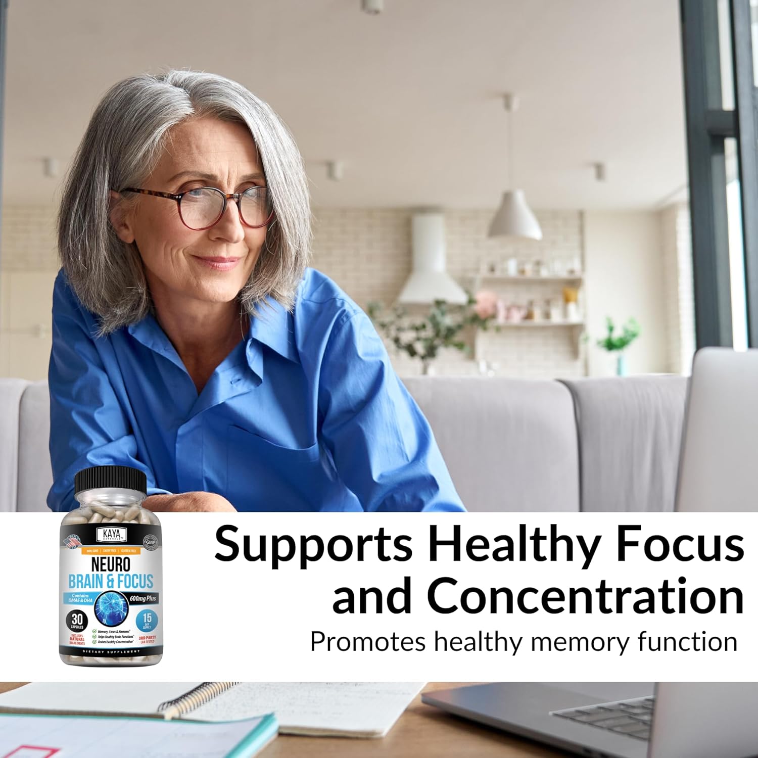 Kaya Naturals Neuro Brain Supplement for Focus, Memory, and Cognitive Function - Nootropic Energy Capsule with Brain Support - 30 Count