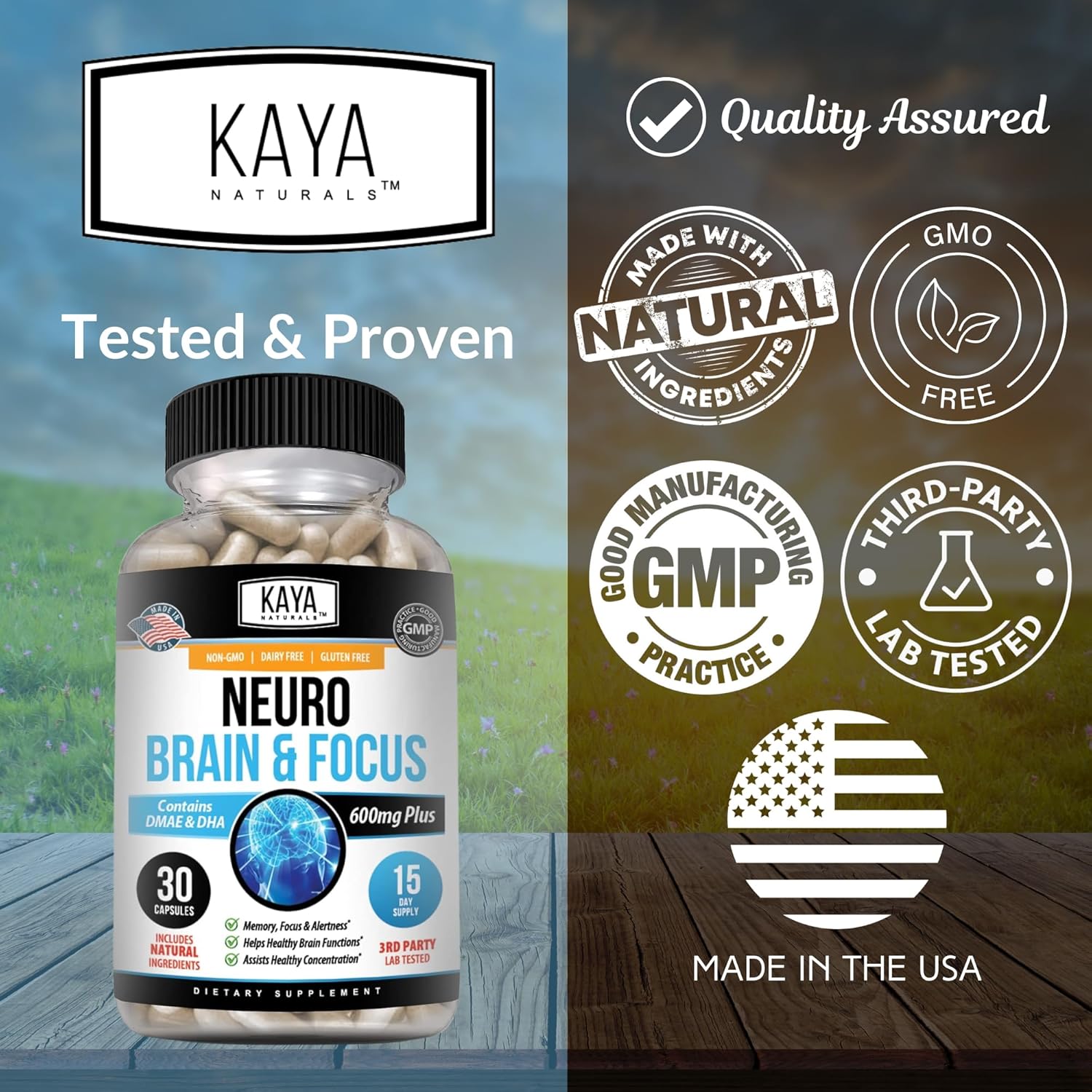 Kaya Naturals Neuro Brain Supplement for Focus, Memory, and Cognitive Function - Nootropic Energy Capsule with Brain Support - 30 Count