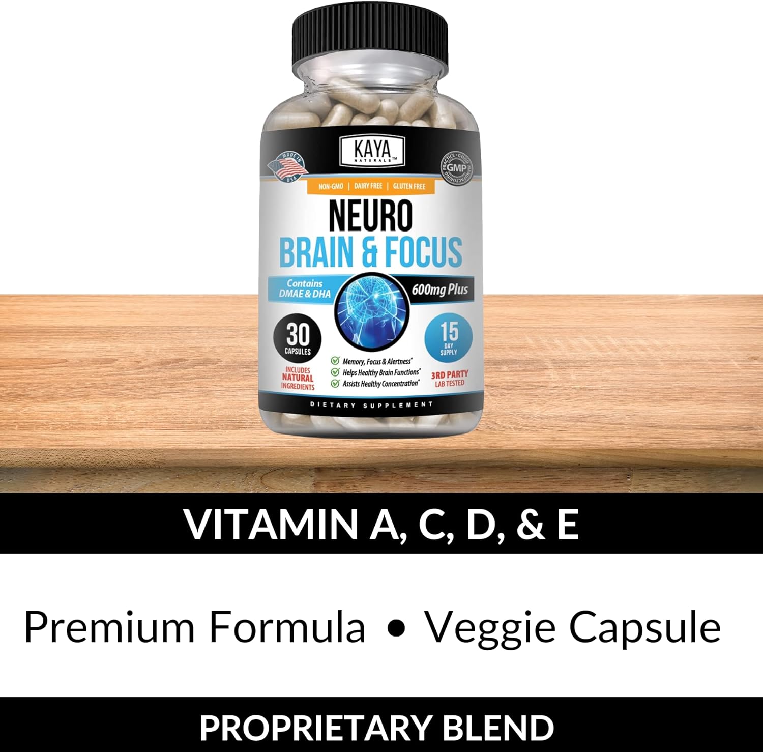 Kaya Naturals Neuro Brain Supplement for Focus, Memory, and Cognitive Function - Nootropic Energy Capsule with Brain Support - 30 Count