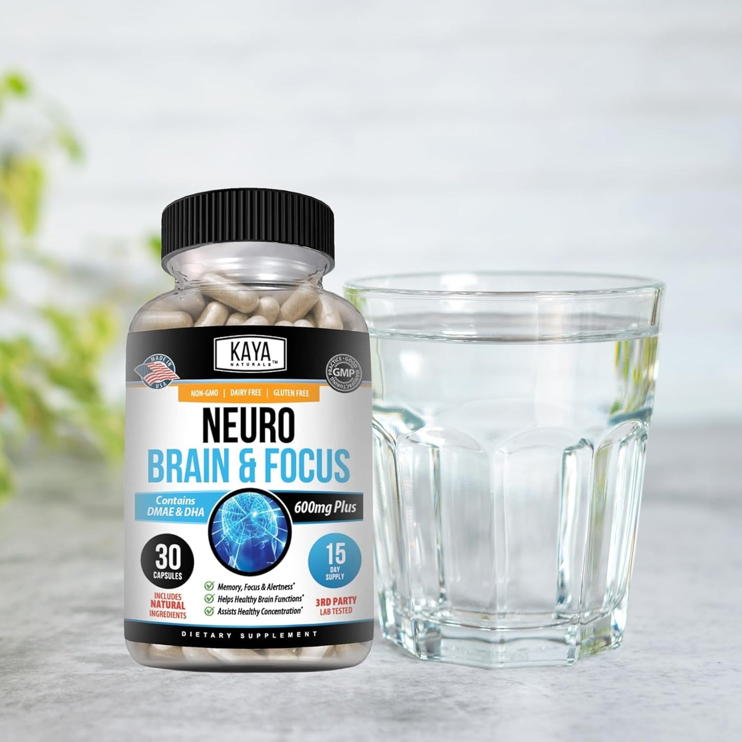Kaya Naturals Neuro Brain Supplement for Focus, Memory, and Cognitive Function - Nootropic Energy Capsule with Brain Support - 30 Count
