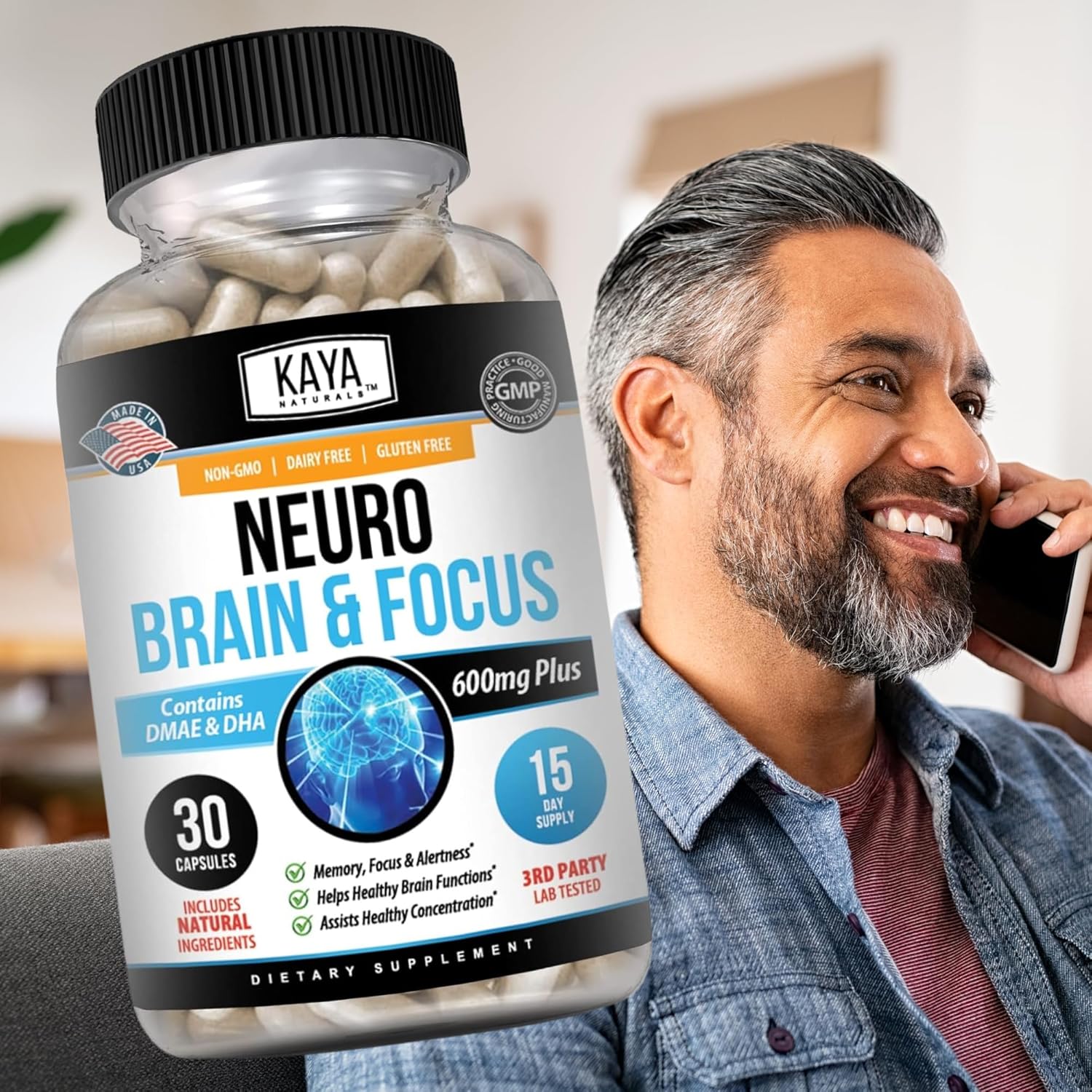 Kaya Naturals Neuro Brain Supplement for Focus, Memory, and Cognitive Function - Nootropic Energy Capsule with Brain Support - 30 Count
