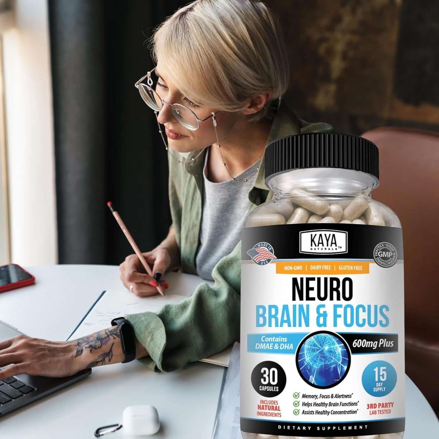 Kaya Naturals Neuro Brain Supplement for Focus, Memory, and Cognitive Function - Nootropic Energy Capsule with Brain Support - 30 Count