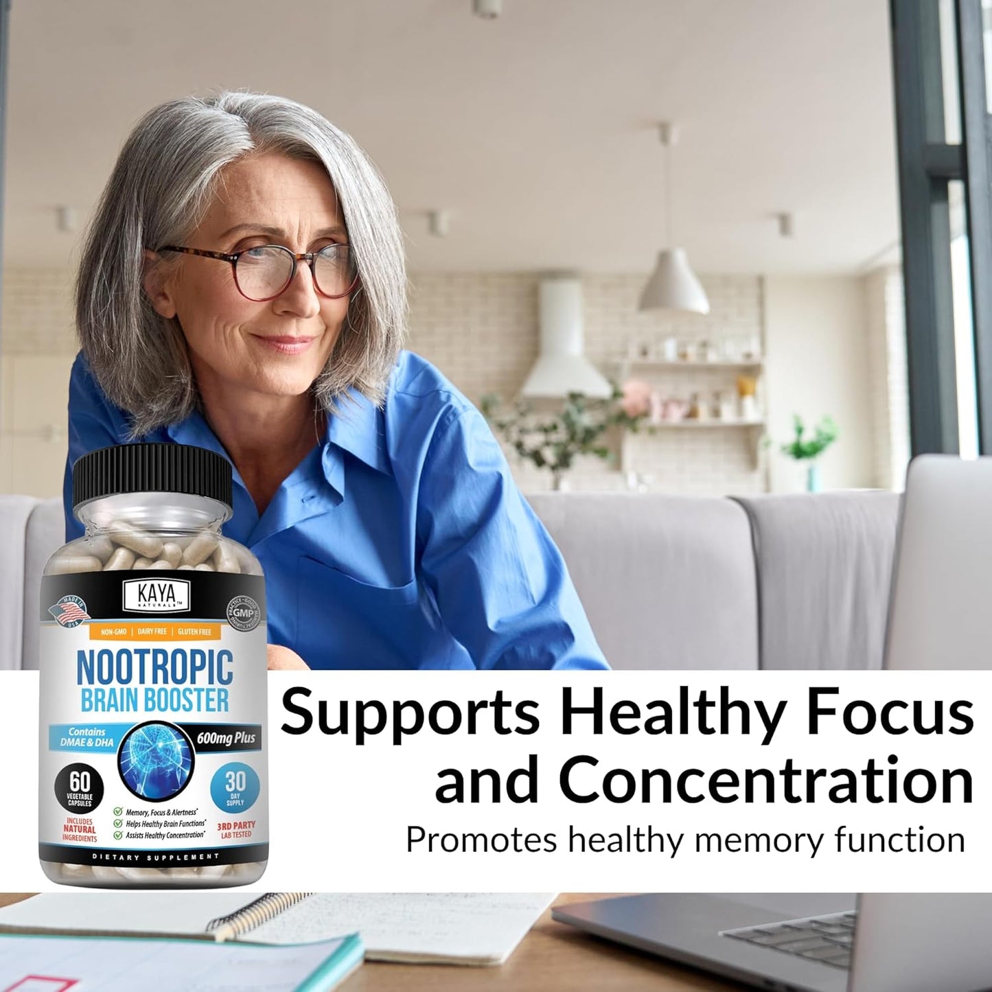 Kaya Naturals Nootropic Brain Booster Supplement for Memory, Focus, and Cognitive Function - 60 Count