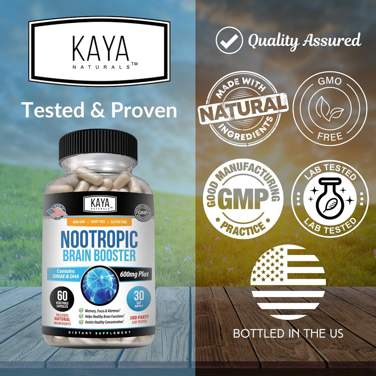 Kaya Naturals Nootropic Brain Booster Supplement for Memory, Focus, and Cognitive Function - 60 Count