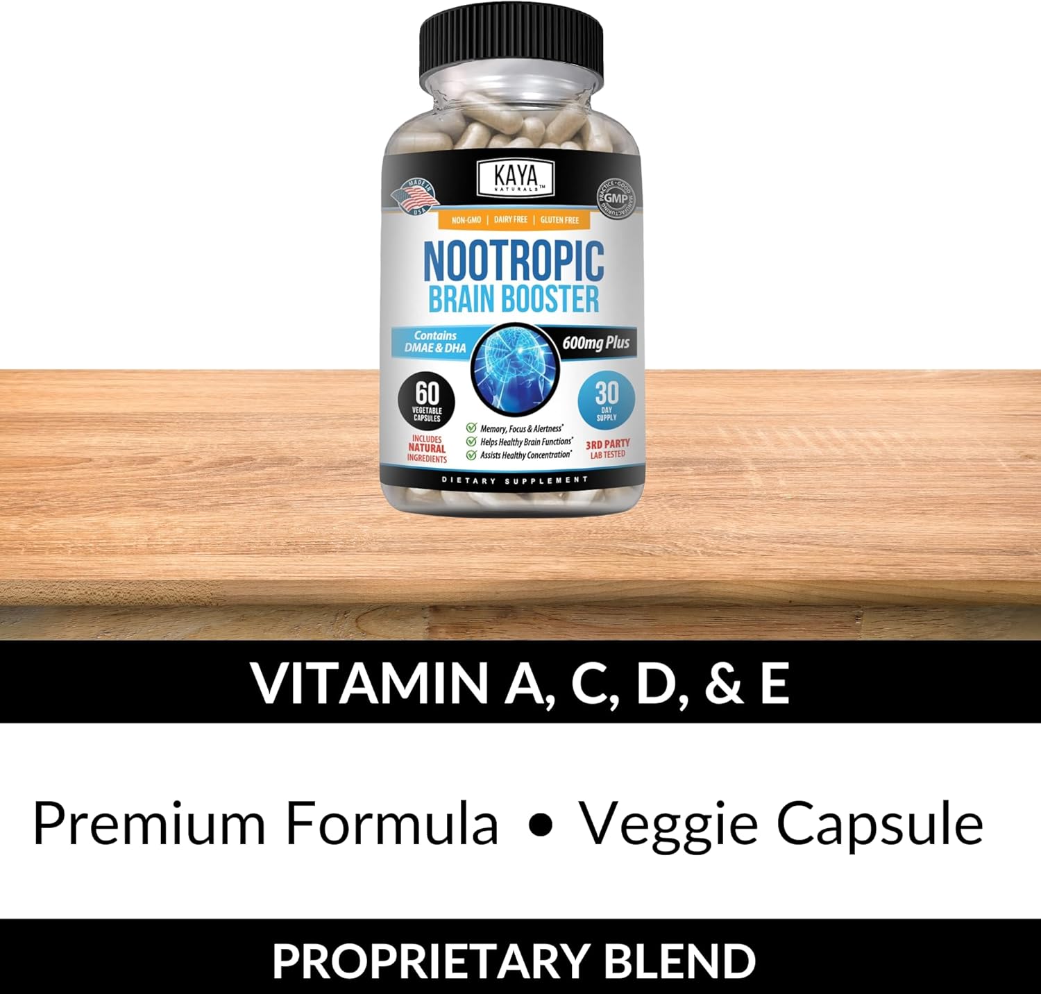 Kaya Naturals Nootropic Brain Booster Supplement for Memory, Focus, and Cognitive Function - 60 Count