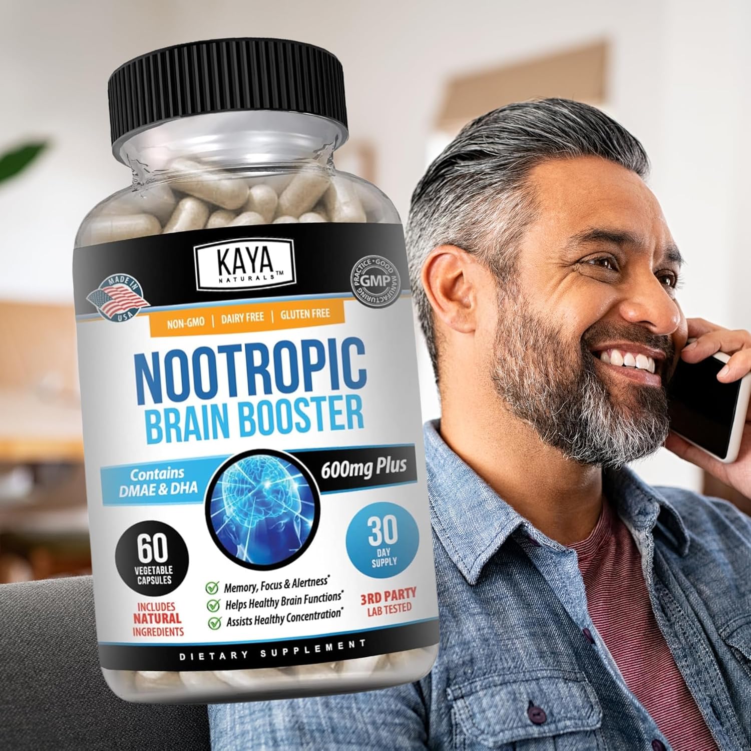 Kaya Naturals Nootropic Brain Booster Supplement for Memory, Focus, and Cognitive Function - 60 Count