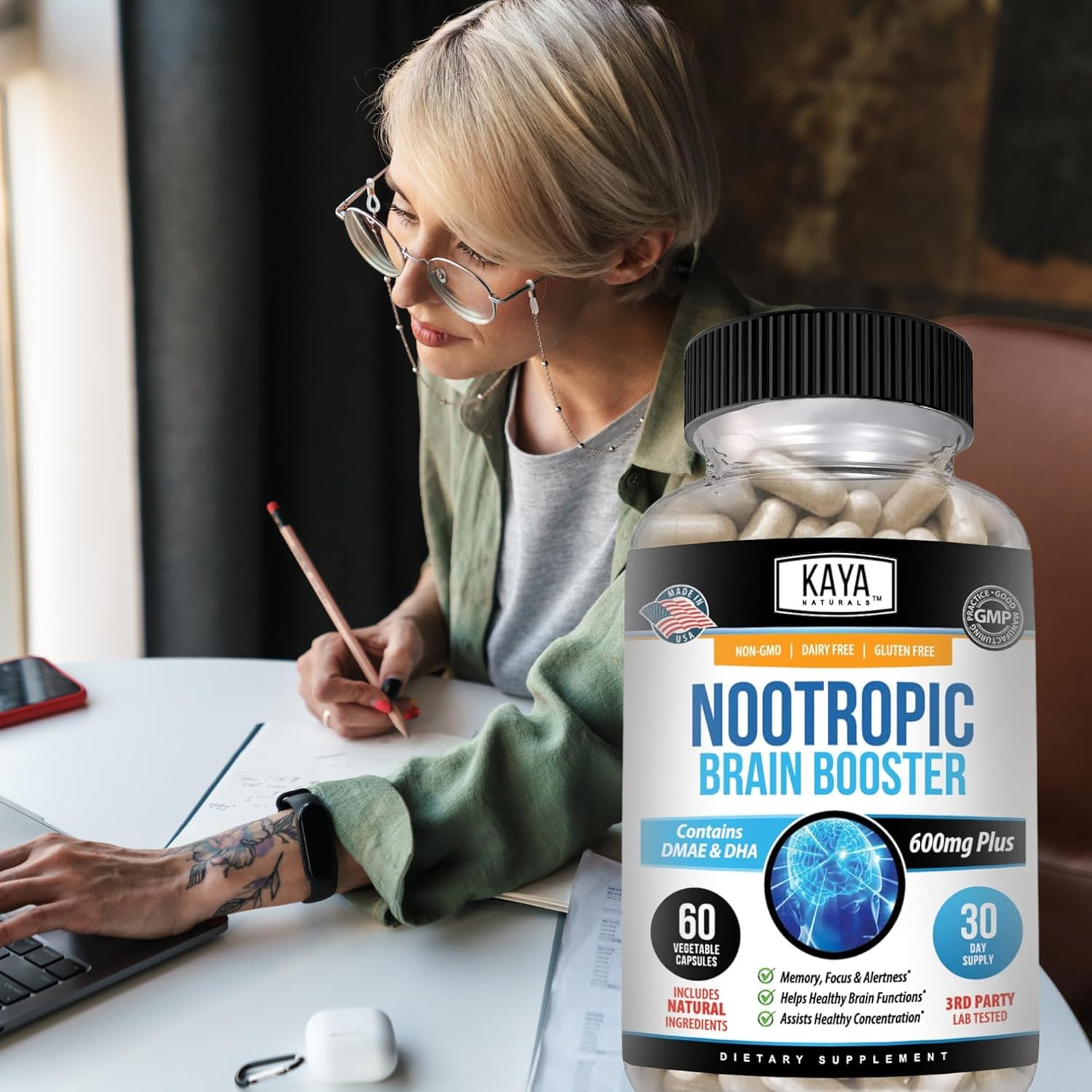 Kaya Naturals Nootropic Brain Booster Supplement for Memory, Focus, and Cognitive Function - 60 Count