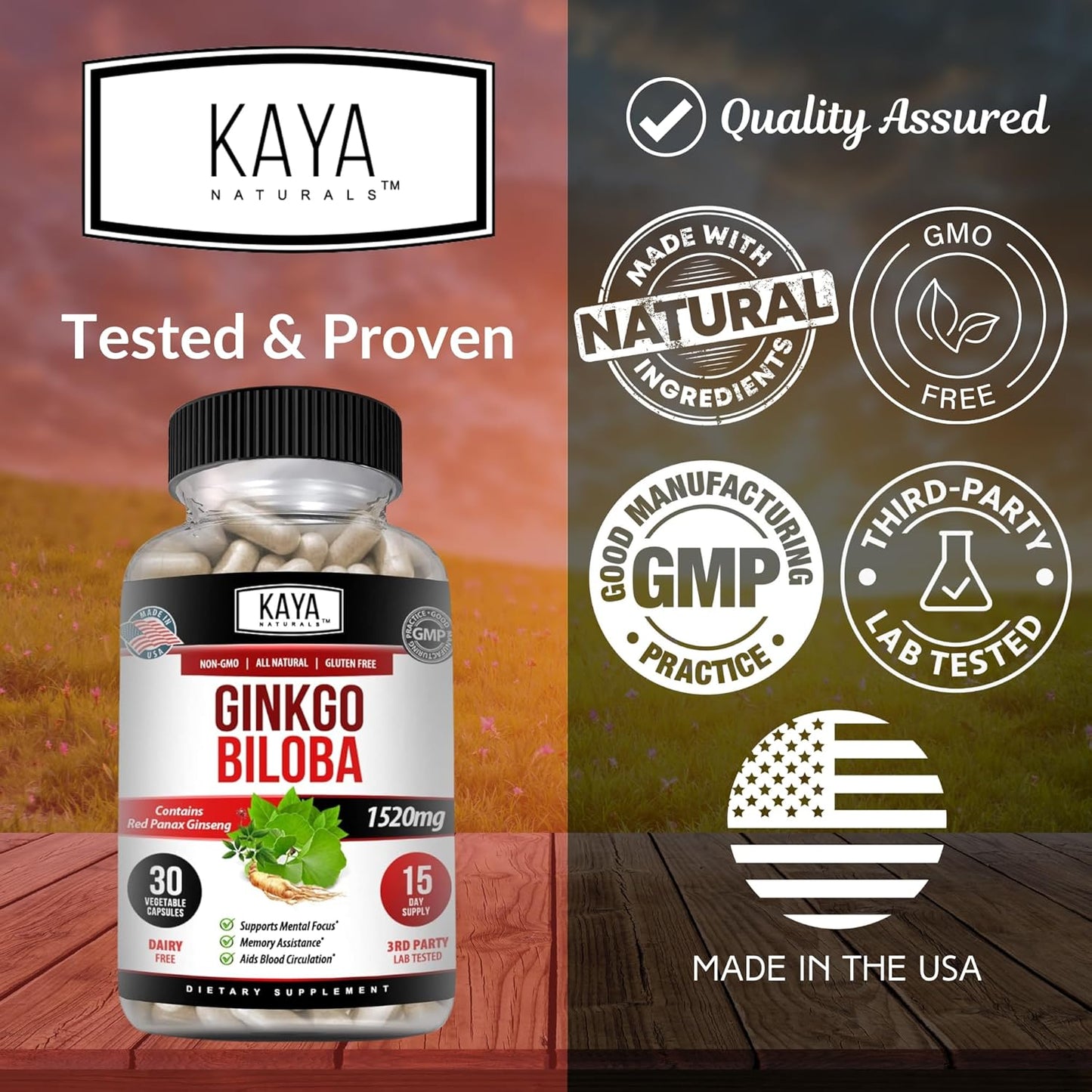 Kaya Naturals Red Panax Ginseng and Ginkgo Biloba Capsules for Cognitive Support and Memory - 30 Count