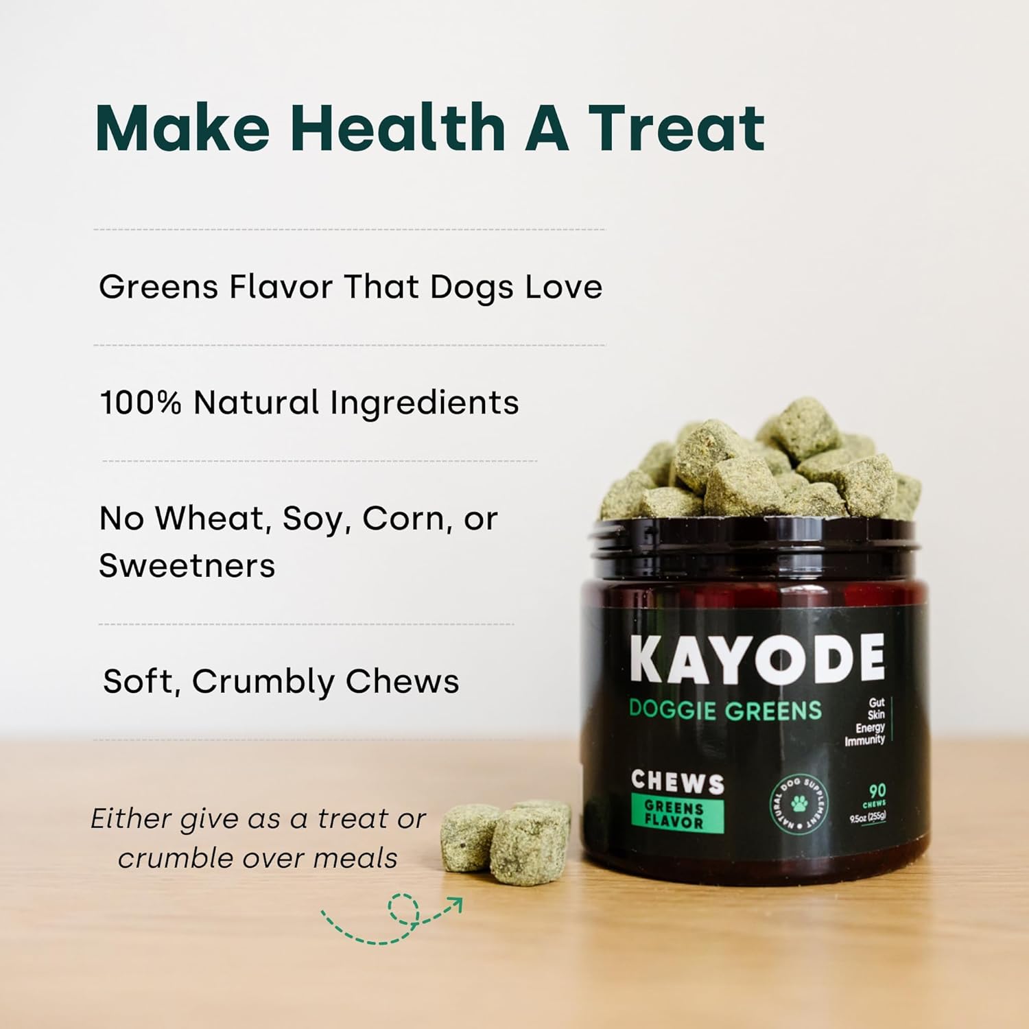 Kayode Doggie Greens - 6-in-1 Super Greens Dog Vitamins Chews with Spirulina, Kelp & Antioxidant Berry Mix, No Messy Powder - Natural Dog Supplements & Probiotics