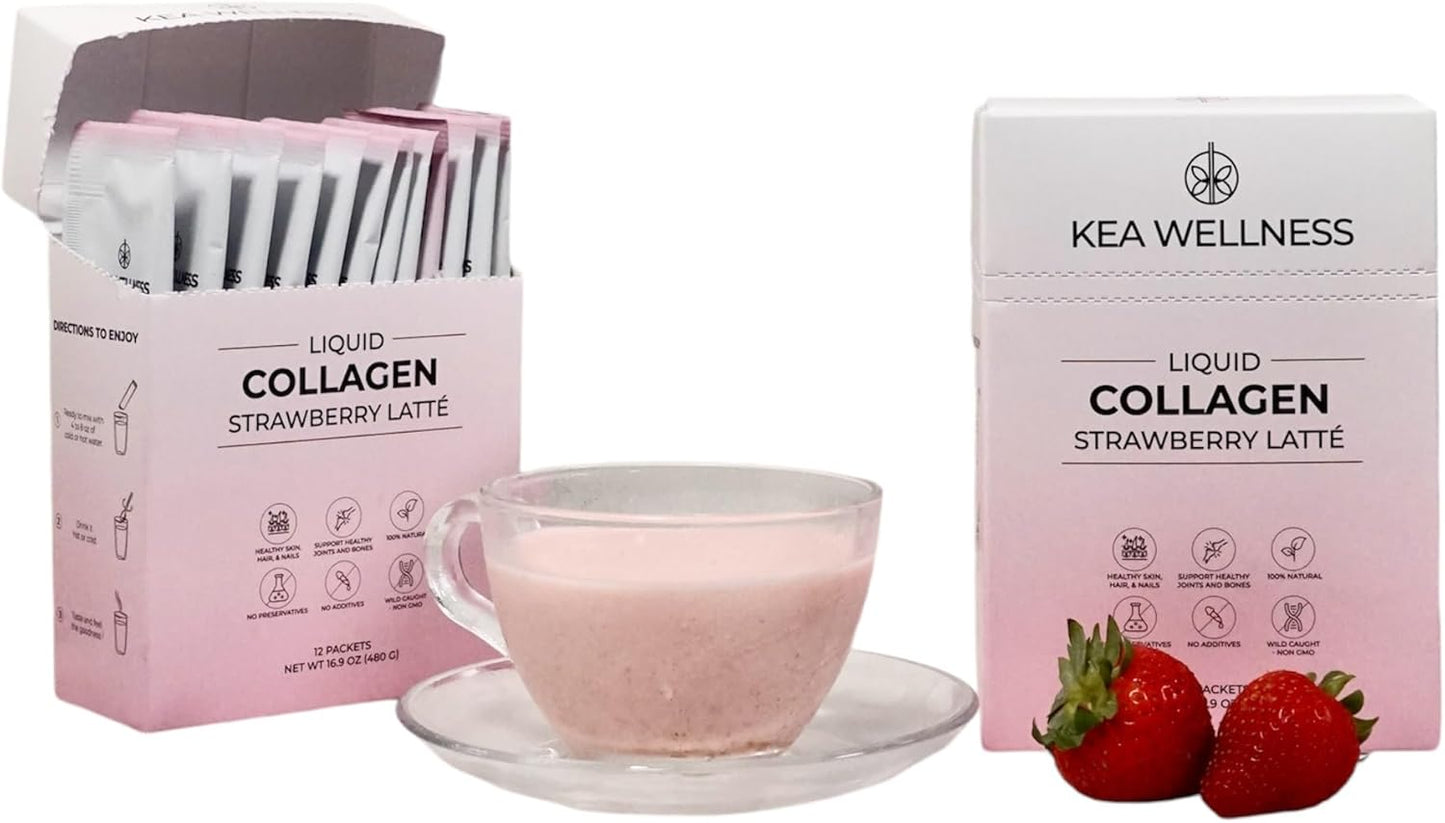 Kea Wellness Liquid Collagen Creamer - Hydrolyzed Peptides for Hair, Skin, Nails, Joints, and Bones - Strawberry Latte Flavor - 12 Pack of Single Serves