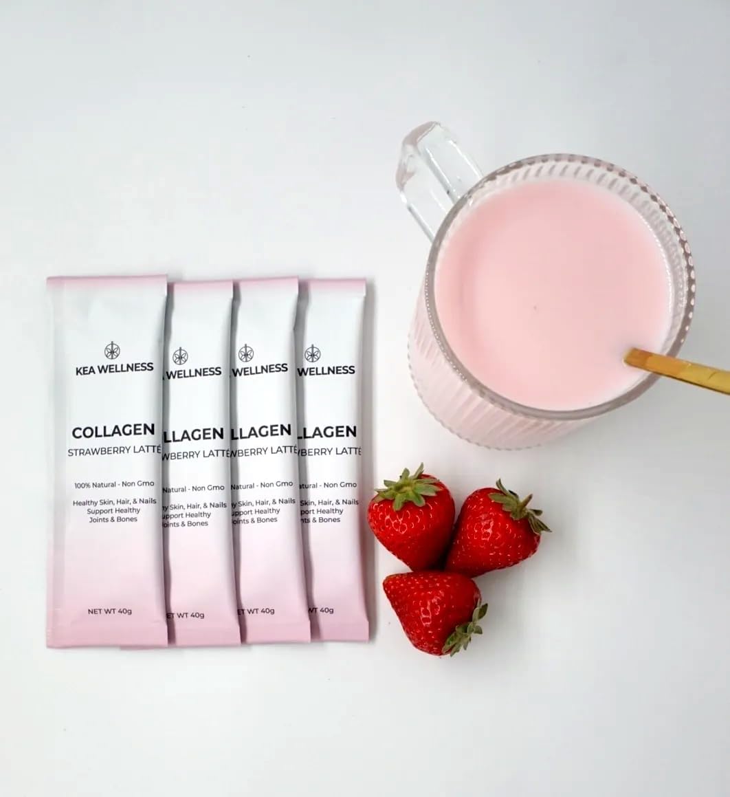 Kea Wellness Liquid Collagen Creamer - Hydrolyzed Peptides for Hair, Skin, Nails, Joints, and Bones - Strawberry Latte Flavor - 12 Pack of Single Serves