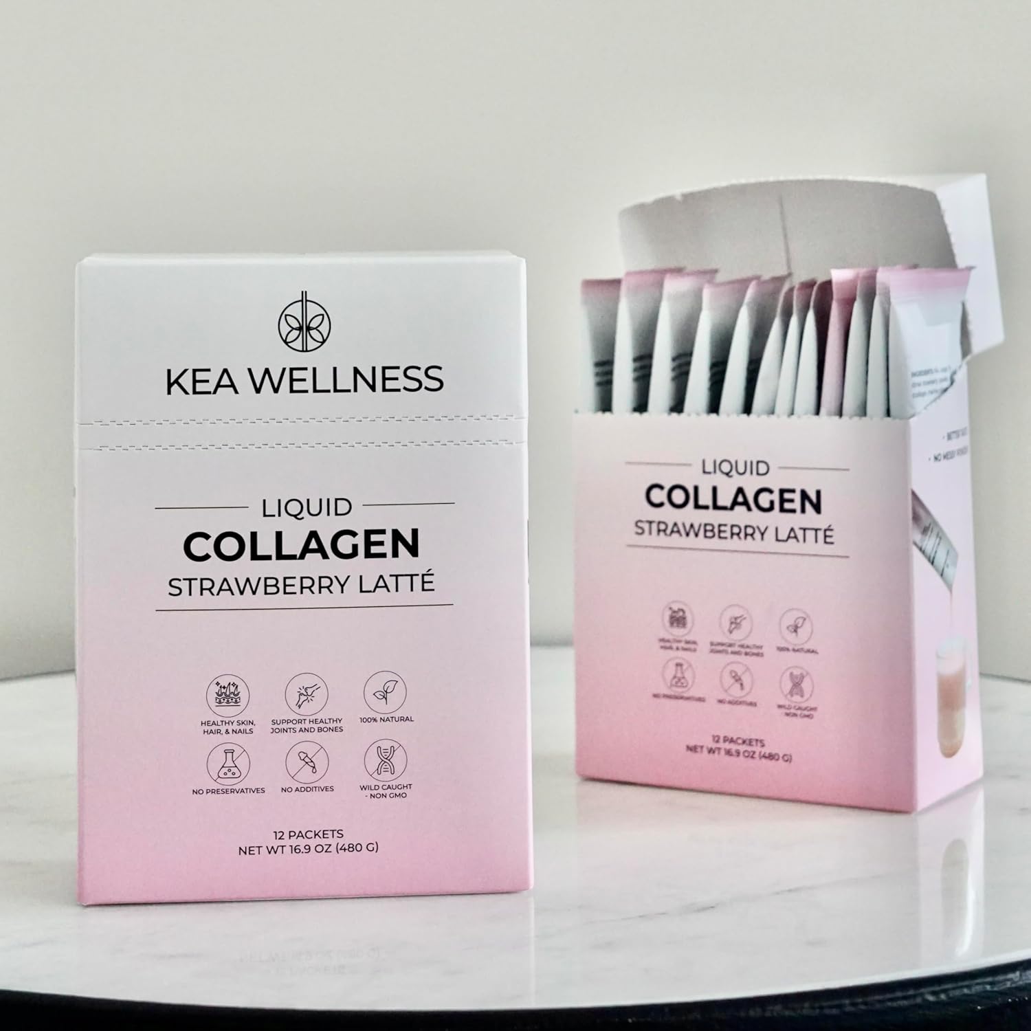 Kea Wellness Liquid Collagen Creamer - Hydrolyzed Peptides for Hair, Skin, Nails, Joints, and Bones - Strawberry Latte Flavor - 12 Pack of Single Serves