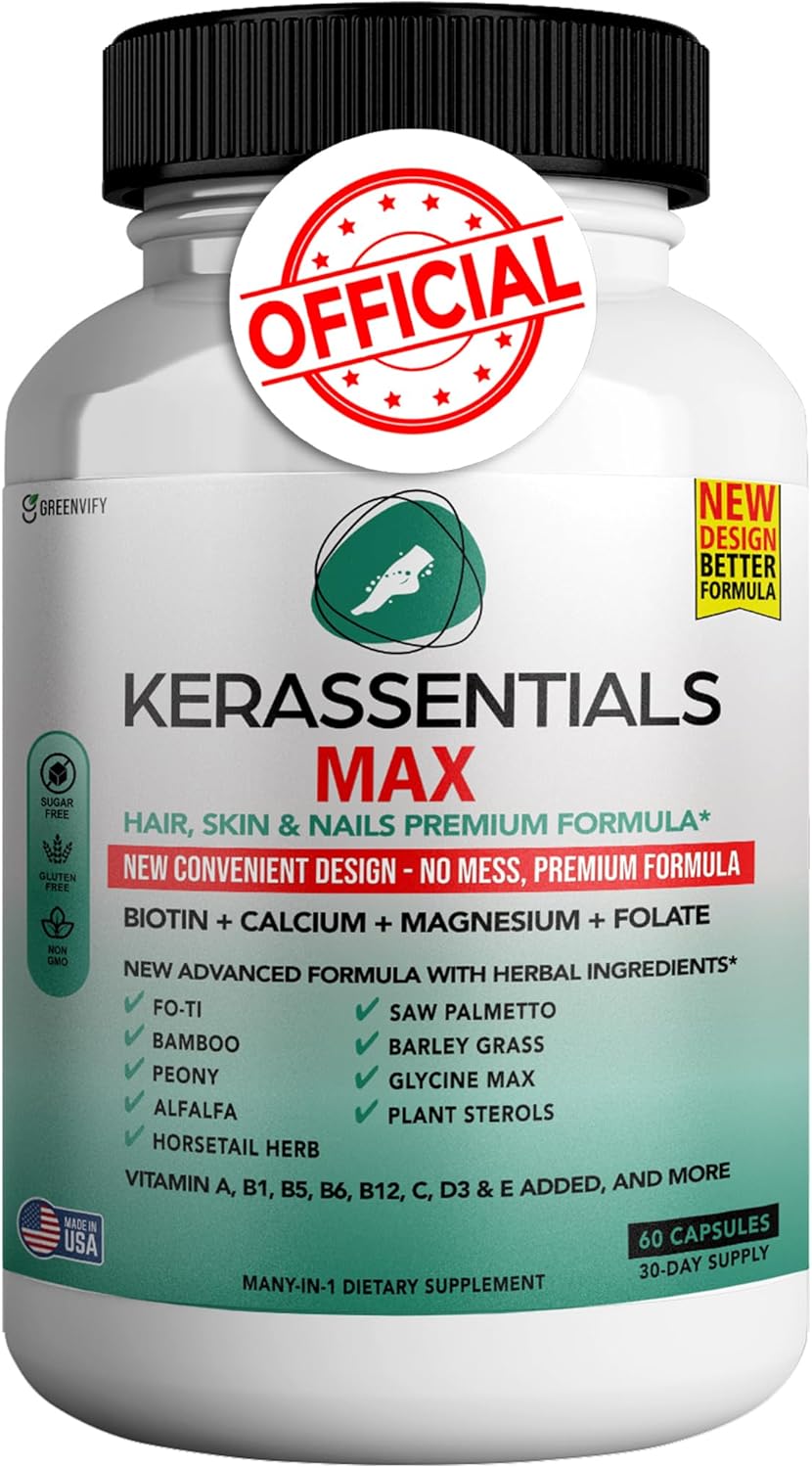 Kerassentials Max Supplement - Hair, Skin & Nails Support | Biotin, Calcium, Magnesium, Folate & Herbal Blend | Premium Formula | 60 Capsules, Vegan & Gluten-Free