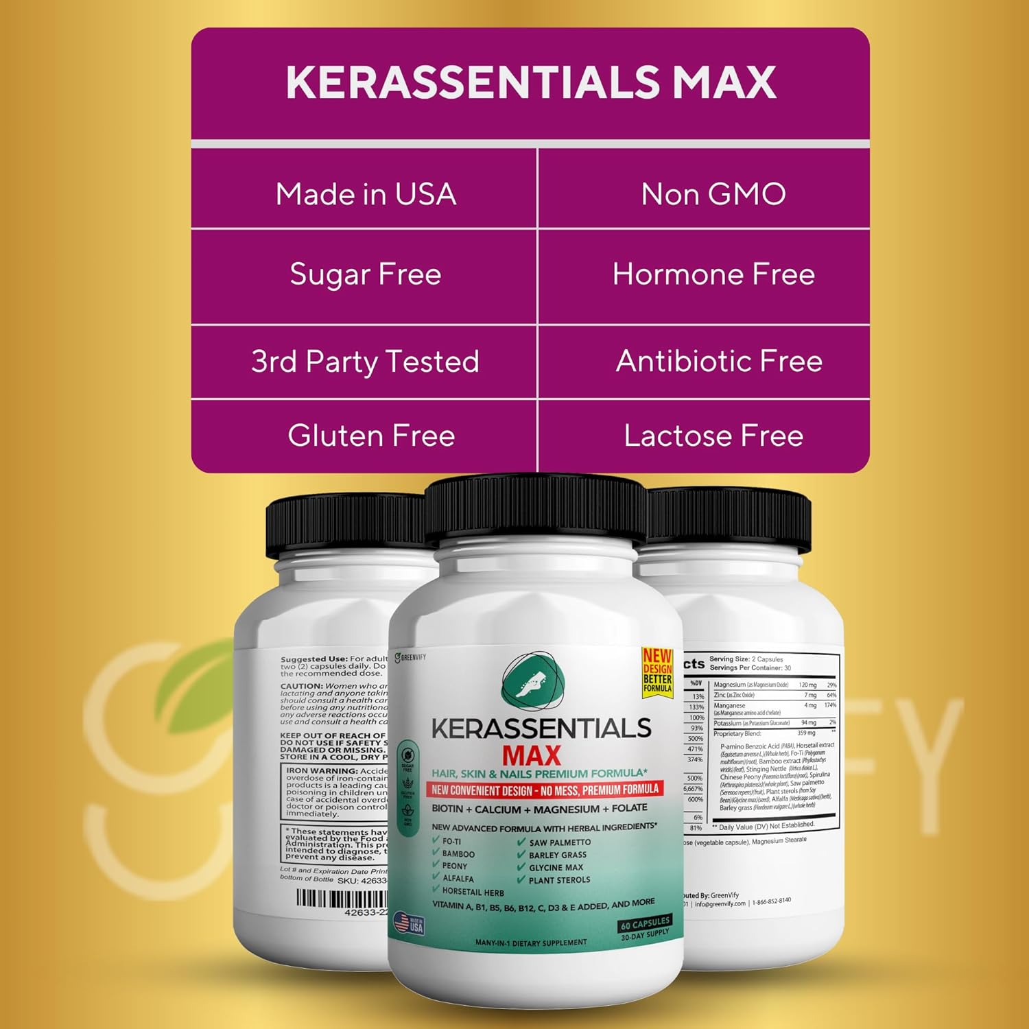Kerassentials Max Supplement - Hair, Skin & Nails Support | Biotin, Calcium, Magnesium, Folate & Herbal Blend | Premium Formula | 60 Capsules, Vegan & Gluten-Free