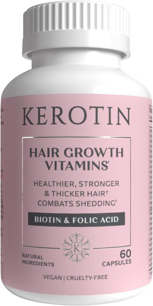 Kerotin Hair Growth Vitamins with Biotin, DHT Blocker, Collagen Stimulator - 60 Pills for Hair Loss Support, Nail & Skin Care