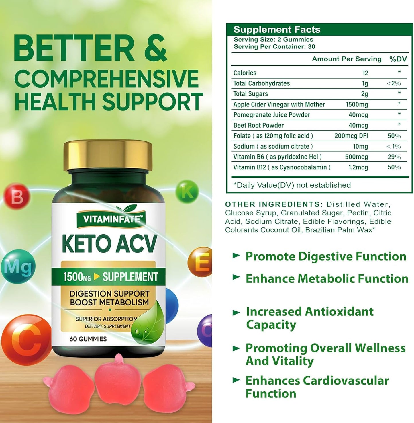 Keto Apple Cider Vinegar Gummies - 1500 mg Advanced Formula for Metabolism & Energy Support - 120 Gummies for Men & Women