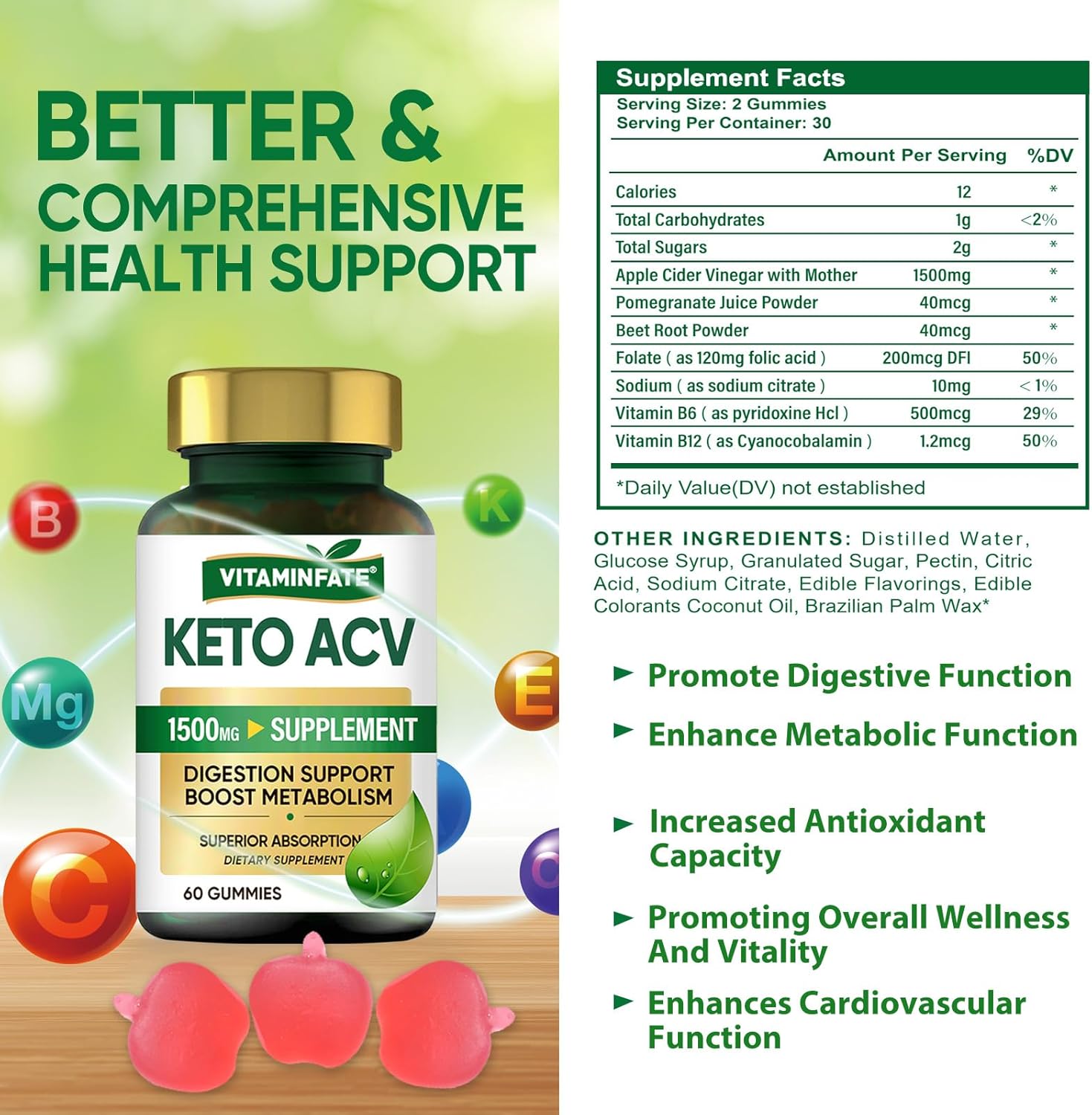 Keto Apple Cider Vinegar Gummies - 1500 mg Advanced Formula for Metabolism & Energy Support - 120 Gummies for Men & Women