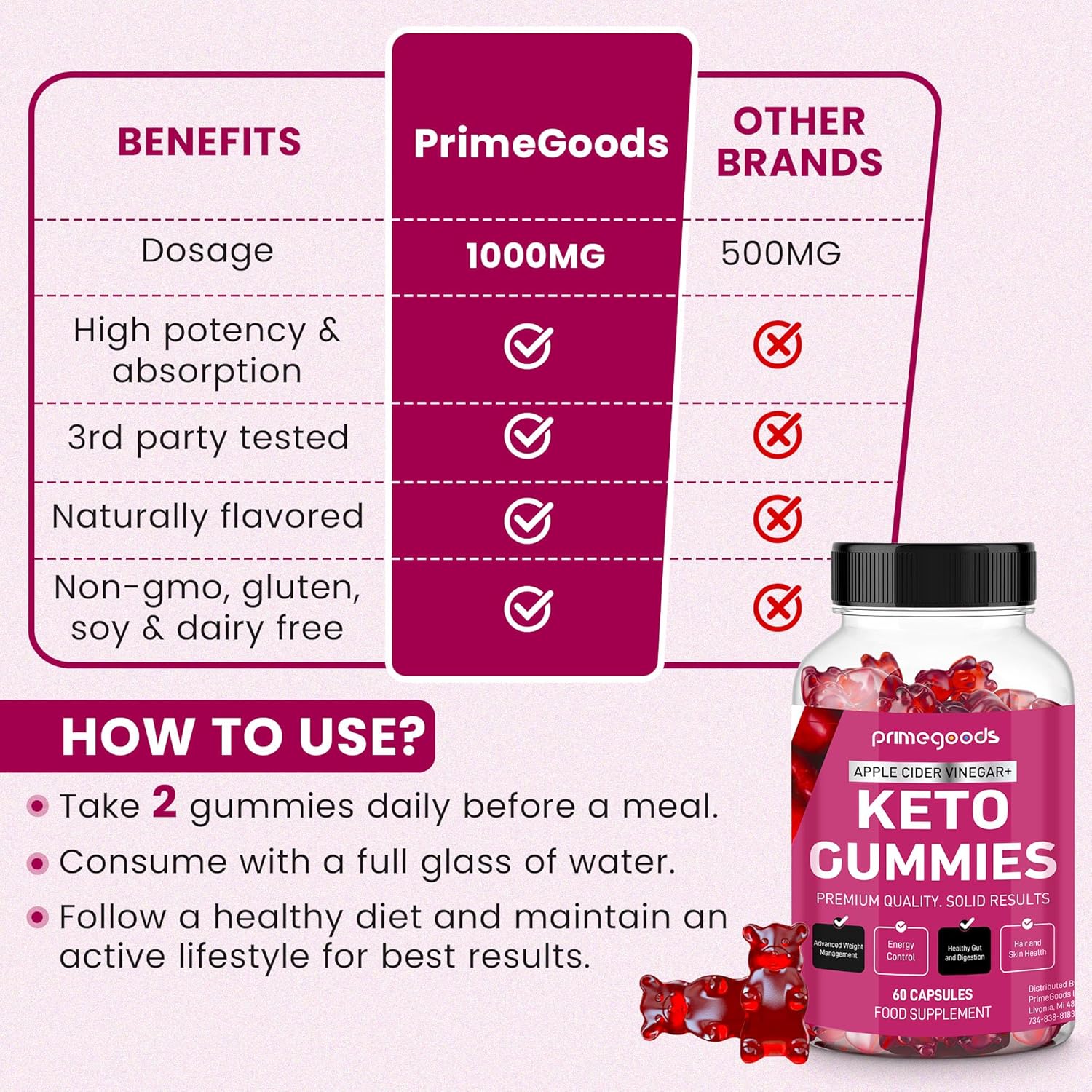 Keto Apple Cider Vinegar Gummies for Weight Loss & Energy Boost with Vitamin B6, B12, Pomegranate, and Beet Root - PrimeGoods