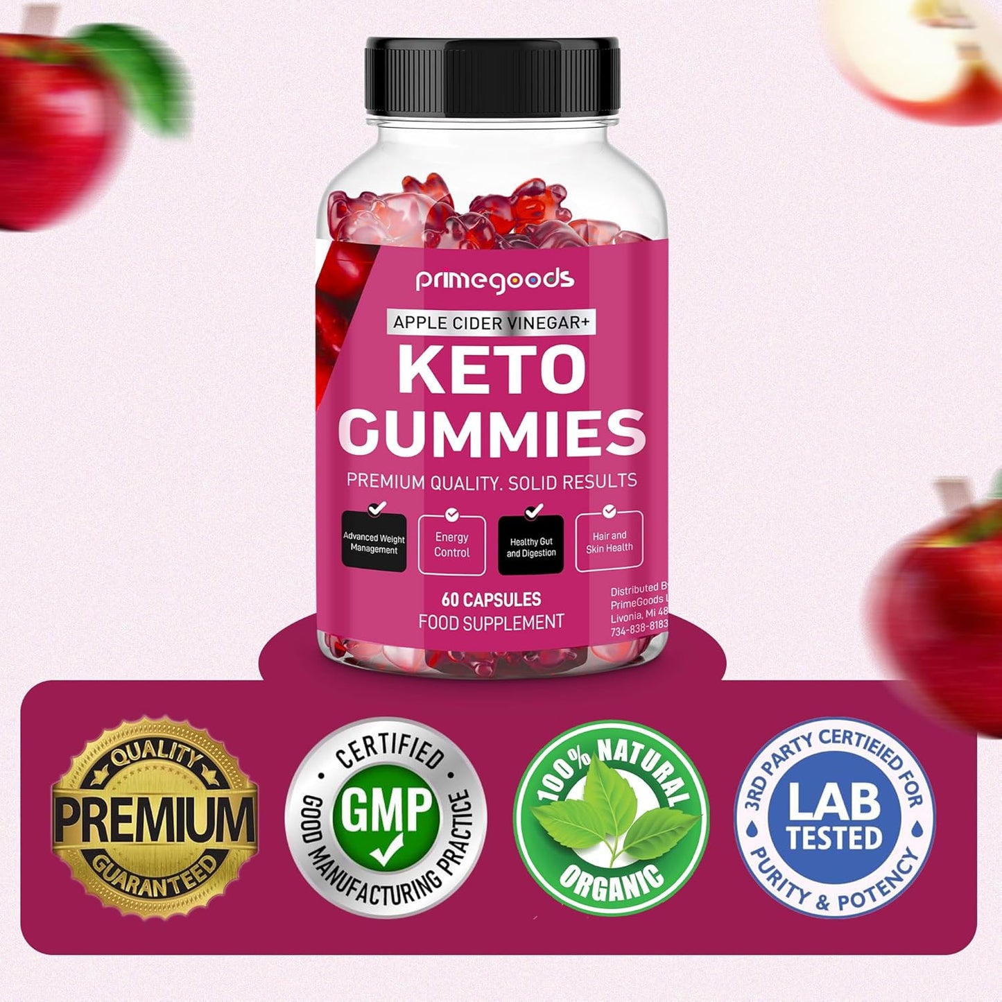 Keto Apple Cider Vinegar Gummies for Weight Loss & Energy Boost with Vitamin B6, B12, Pomegranate, and Beet Root - PrimeGoods