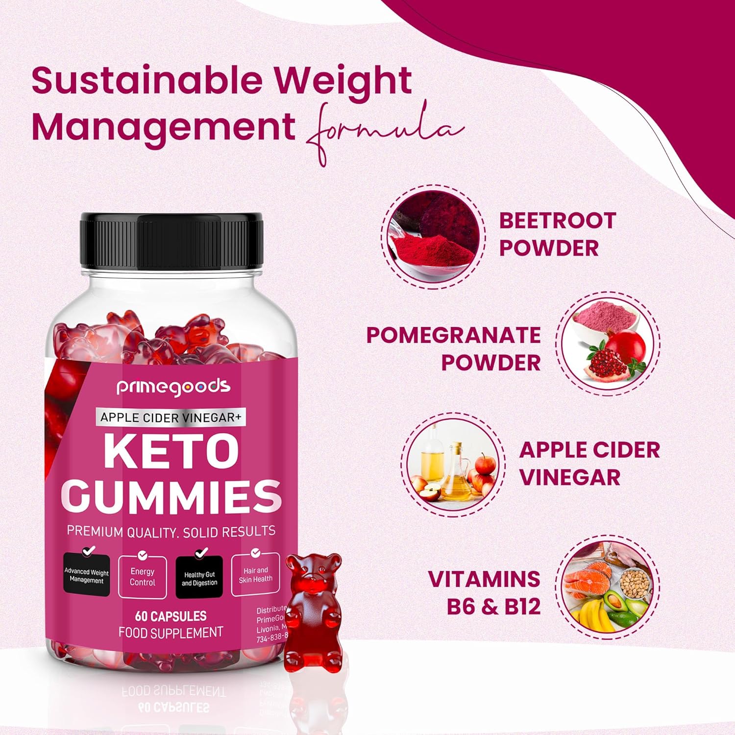 Keto Apple Cider Vinegar Gummies for Weight Loss & Energy Boost with Vitamin B6, B12, Pomegranate, and Beet Root - PrimeGoods