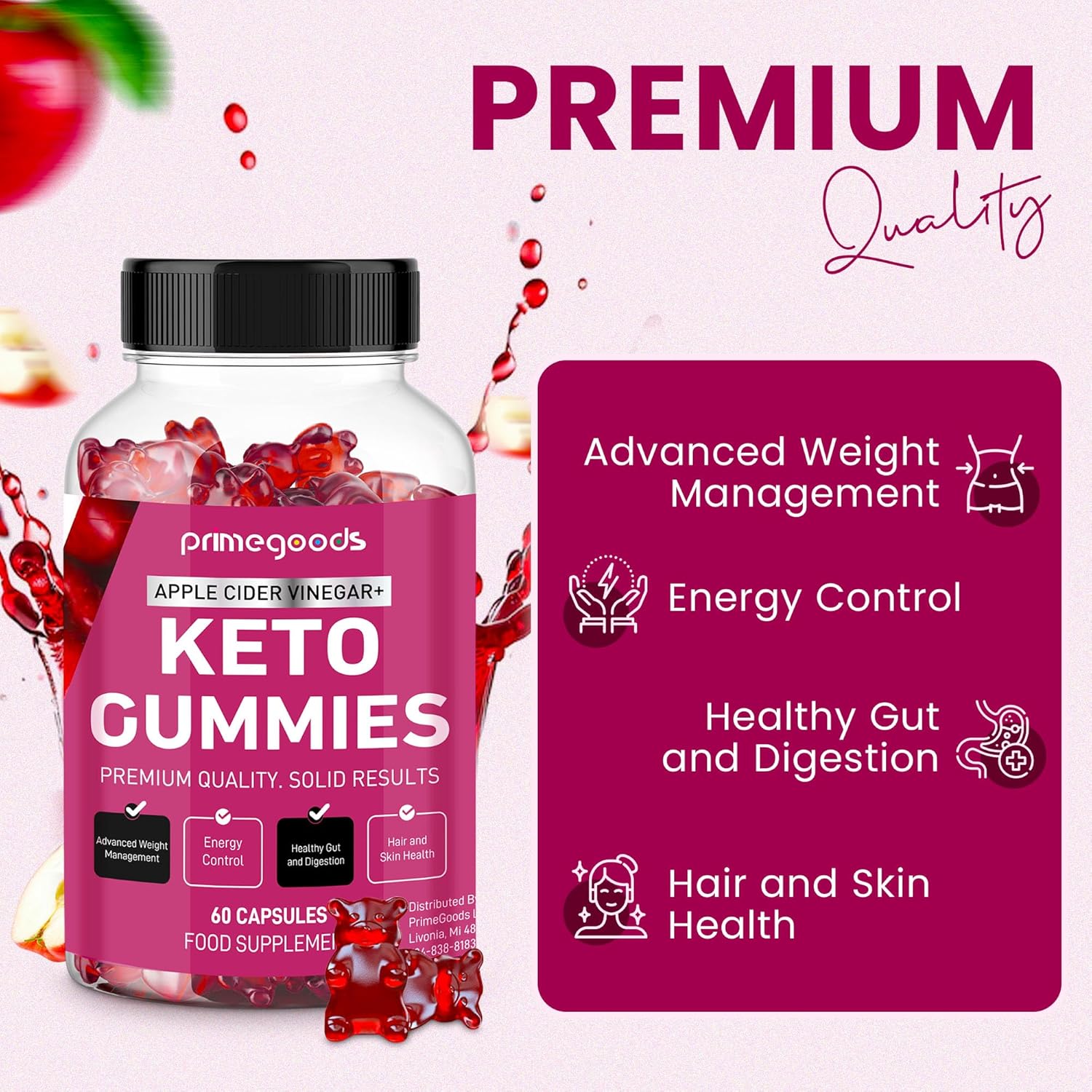 Keto Apple Cider Vinegar Gummies for Weight Loss & Energy Boost with Vitamin B6, B12, Pomegranate, and Beet Root - PrimeGoods