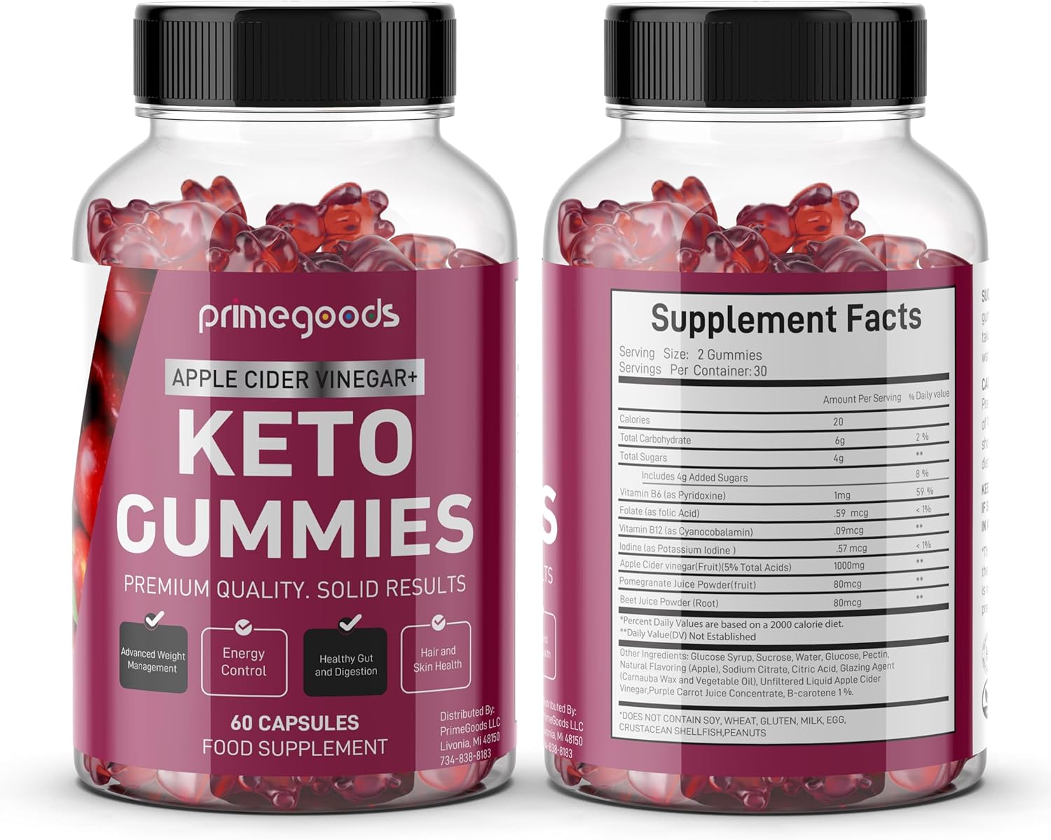Keto Apple Cider Vinegar Gummies for Weight Loss & Energy Boost with Vitamin B6, B12, Pomegranate, and Beet Root - PrimeGoods