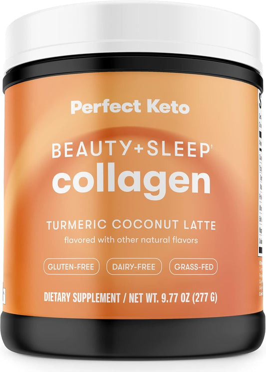 Keto Beauty & Sleep Collagen Protein Powder with Ashwagandha, Magnesium, Biotin, Hyaluronic Acid, L Theanine for Hair, Skin, Nails & Relaxation - Turmeric Coconut Latte Flavor