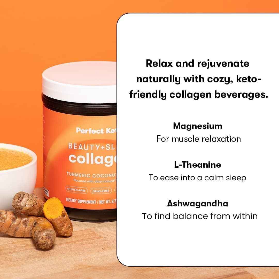 Keto Beauty & Sleep Collagen Protein Powder with Ashwagandha, Magnesium, Biotin, Hyaluronic Acid, L Theanine for Hair, Skin, Nails & Relaxation - Turmeric Coconut Latte Flavor