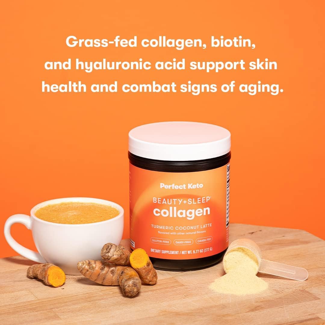 Keto Beauty & Sleep Collagen Protein Powder with Ashwagandha, Magnesium, Biotin, Hyaluronic Acid, L Theanine for Hair, Skin, Nails & Relaxation - Turmeric Coconut Latte Flavor