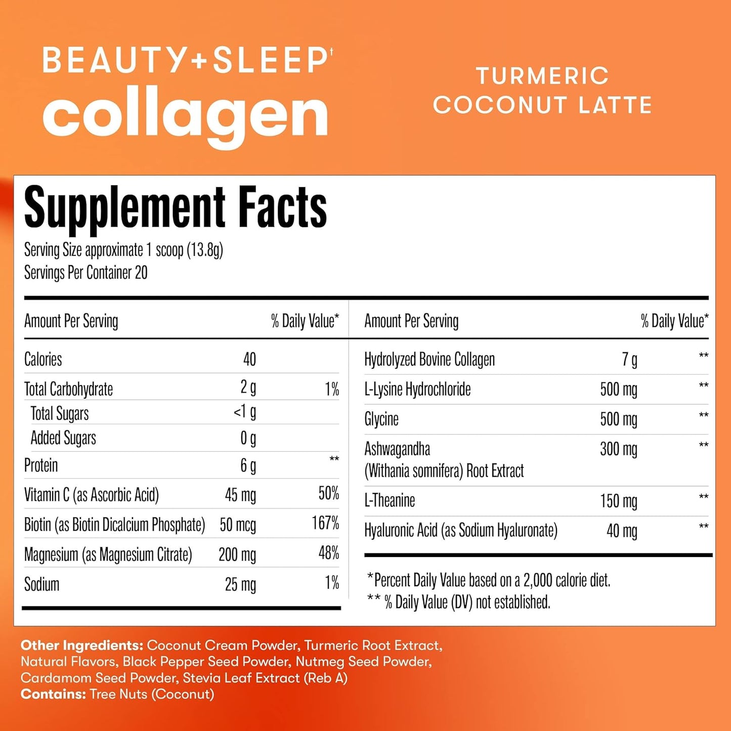 Keto Beauty & Sleep Collagen Protein Powder with Ashwagandha, Magnesium, Biotin, Hyaluronic Acid, L Theanine for Hair, Skin, Nails & Relaxation - Turmeric Coconut Latte Flavor