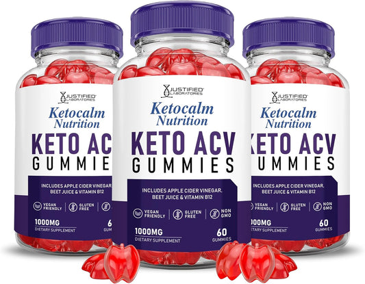 Keto Calm Nutrition Ketocalm Gummies (3 Pack) Apple Cider Vinegar & Pomegranate Beet Juice - 1000MG Formula - Vegan & Non-GMO - 180 Gummies
